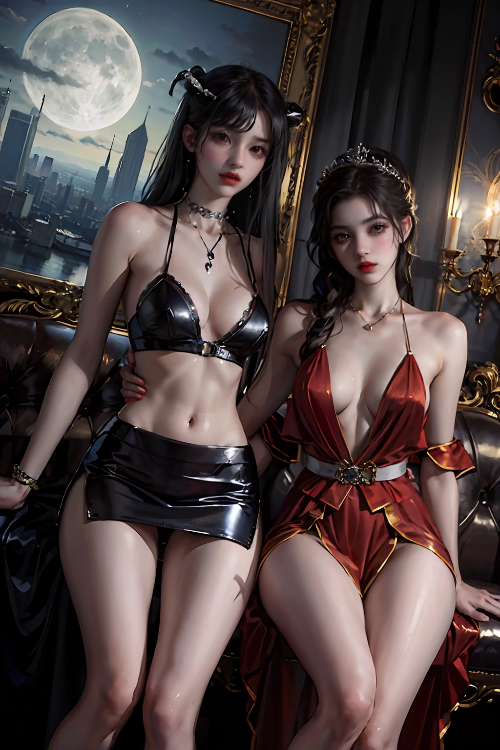 (Masterpiece:1.2),(Photorealsitic:1.5),2girls, duo,silk,satin,skirt,warmspring,moonlight,