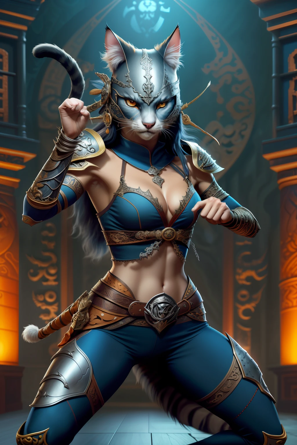 anthropomorphic cat ,pirata,, en pose de lkung fu,, atletic body, Cabello Blanco , armadura finamente detallada, intricate design, plata, seda, cinematography lighting,dentro de una iglesia, Armadura de falda larga ornamentada naranja y azul, perfect ratio, cuerpo completo,4k