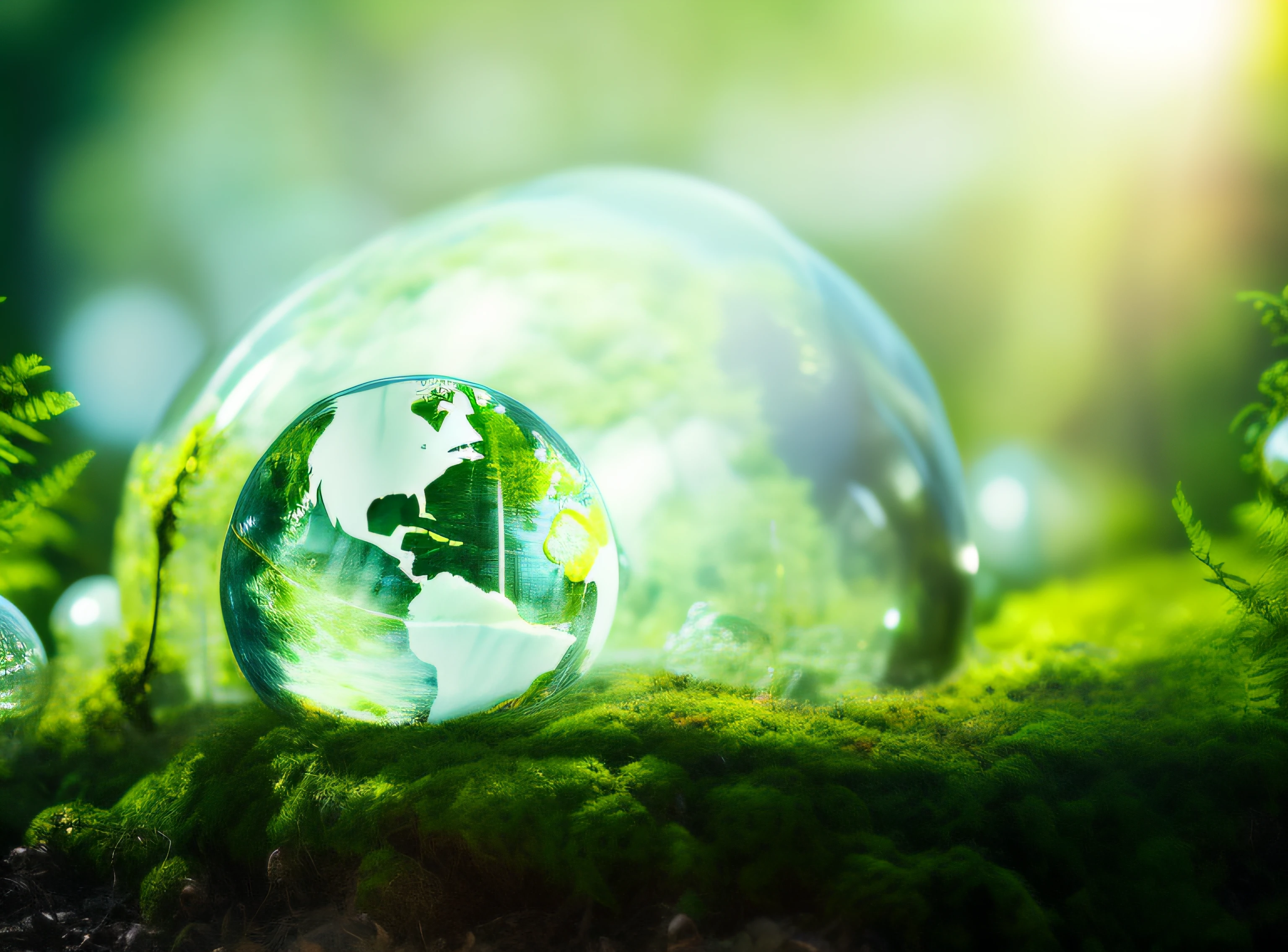a close up of a glass globe sitting on top of a moss covered ground, sustainability, green world, environment friendly, large environment, earth in background, natural environment, mother earth, environmental, nature environment, sustainable materials, clean environment, beautiful environment, sustainable, environmental key art, rich environment, our planet, earth outside, earth in the background