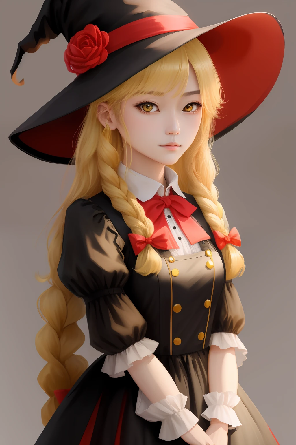 quadratic element,超高分辨率,Long blonde hair slightly curled,Single twist braid on the right,Golden eyes,Black maid outfit,Magic hat,Lovely wind,broom