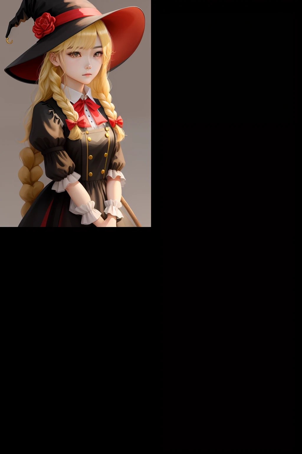 quadratic element,超高分辨率,Long blonde hair slightly curled,Single twist braid on the right,Golden eyes,Black maid outfit,Magic hat,Lovely wind,broom
