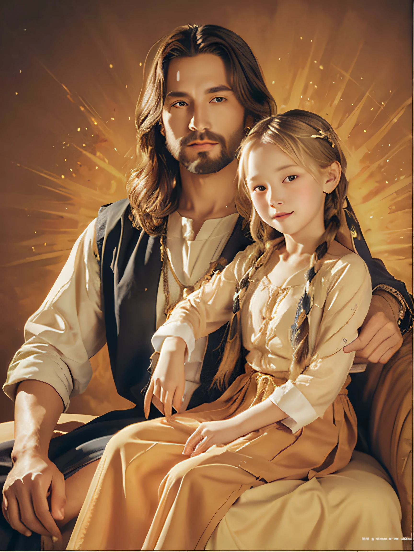 "Highly detailed painting of Jesus Christ with a young blond girl on his lap, capturing the essence of Christian art in the style of Greg Olsen."