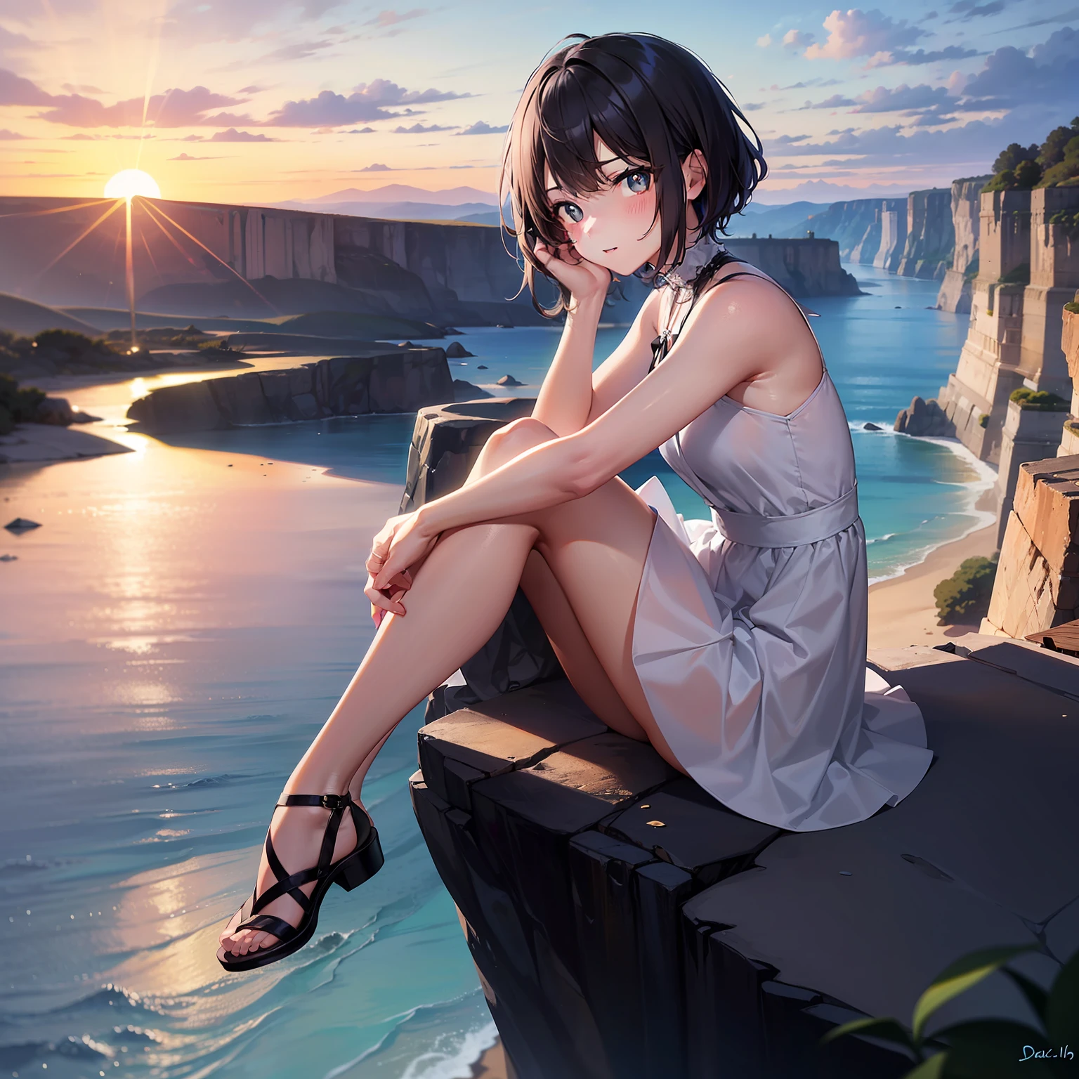 16yo girl，Sit on the edge of the cliff and support your chin with your hands，Watch the sun set，Delicate faces，Blue pupils，with short black hair，white dresses，Legs are placed on the edge of the cliff