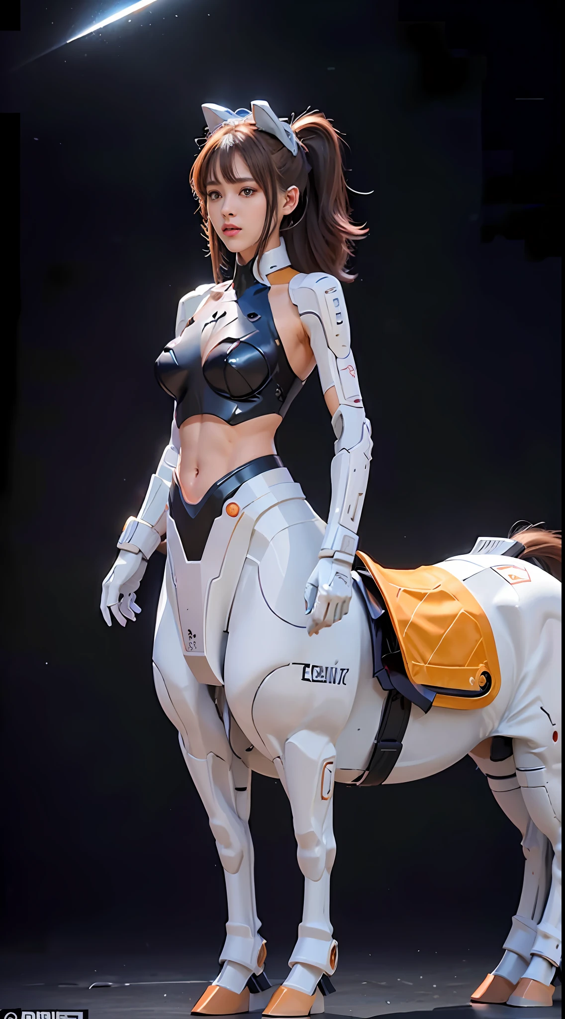 A female centaur,She is famous in the multiverse,She is both a female centaur, half human, half horse, half horse,It is also a heroic move,Her image incorporates the female body of the horse's head, neck and shoulders,Transforms into a beautiful female human upper body,Female, half-centaur, half-human, half-horse, half-human,and female half-horses performing feminization with chimeras with beauties,It's like a chimera of a female human and a female bodyized half-horse,This chimerization is based on powerful futuristic technology。The ultra-wide-angle lens captures the beautiful and ethereal image of her light wings on the ionosphere and making jumps。Her front half is a tall, sexy body with obvious feminine characteristics,Has K cup teardrop-shaped giant tit chest,Small man-waisted butterflies span long legs,The half-horse of the back half of the body is embedded in the front half of the body at the hip position,The horse-shaped half-horse torso form of the back half of the body is completely female and humanized,A sexy bent dog style shaped chest cavity embedded from the upper end of the sternum is embedded in the hips,Then there are the waist and abdomen of sexy beauties and straight hips,Her entire body has been completely feminized,Includes the half-horse part of the hind body,Mechanize the anti-joints and feet in the shape of the hind leg horse's knee and personify these parts,Make the legs graceful and slender,She has four slender legs like a supermodel,Under the legs are the feet of humans wearing skyscraper heels,Use Midjourney's advanced stroke tools and color palettes, as well as texture packs, model packs, and texture tools,Concentration,Femaleize all parts of her original equine physiologic appearance,And give these parts an ergonomic appearance,Fine treatment of details in the structure of the back body, chest, abdominal cavity and hip legs,Tighten the thoracic and abdominal contours of the back half of the body,The lines are tighter,Add feminine mechanic