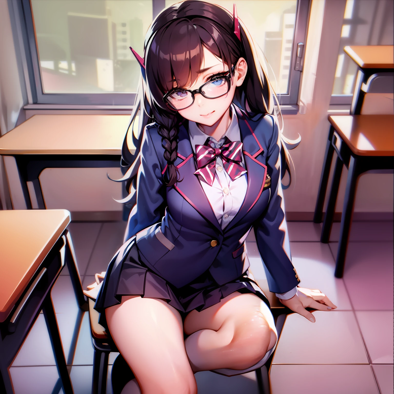 d.va, waist up, twin braids, blazer, seductive pose, sitting, bespectacled, looking at viewer, school uniform, classroom, pleated skirt, full body,best quality