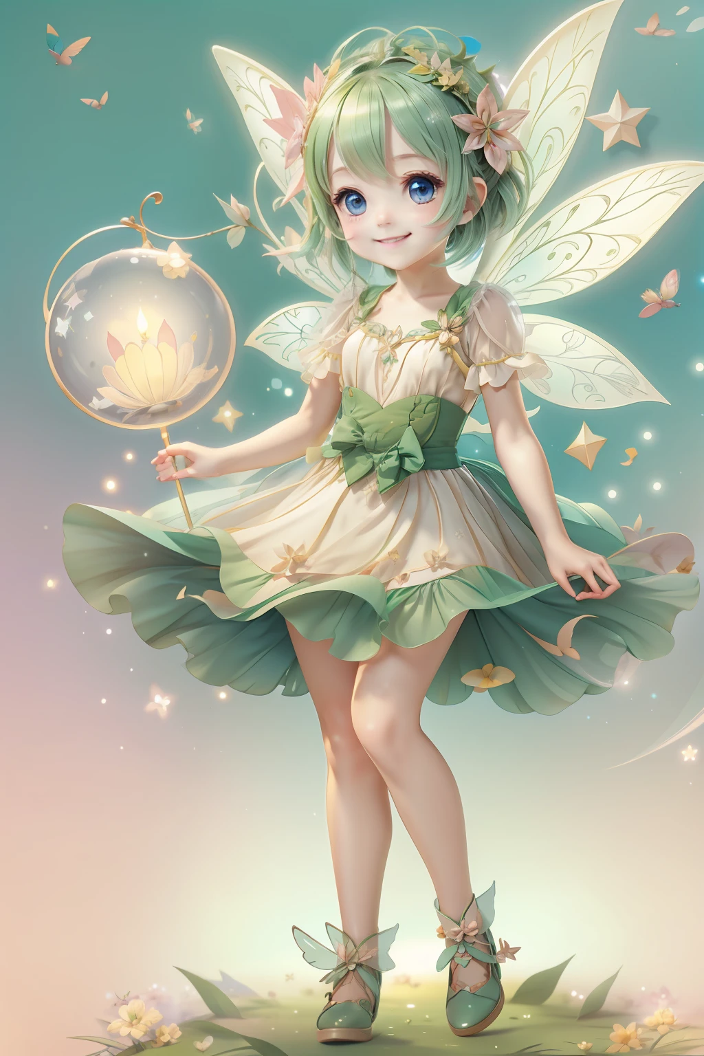 Cute fairy with a sense of transparency、Bright smile、Have fun playing、Beautiful background、Bright background、Green background