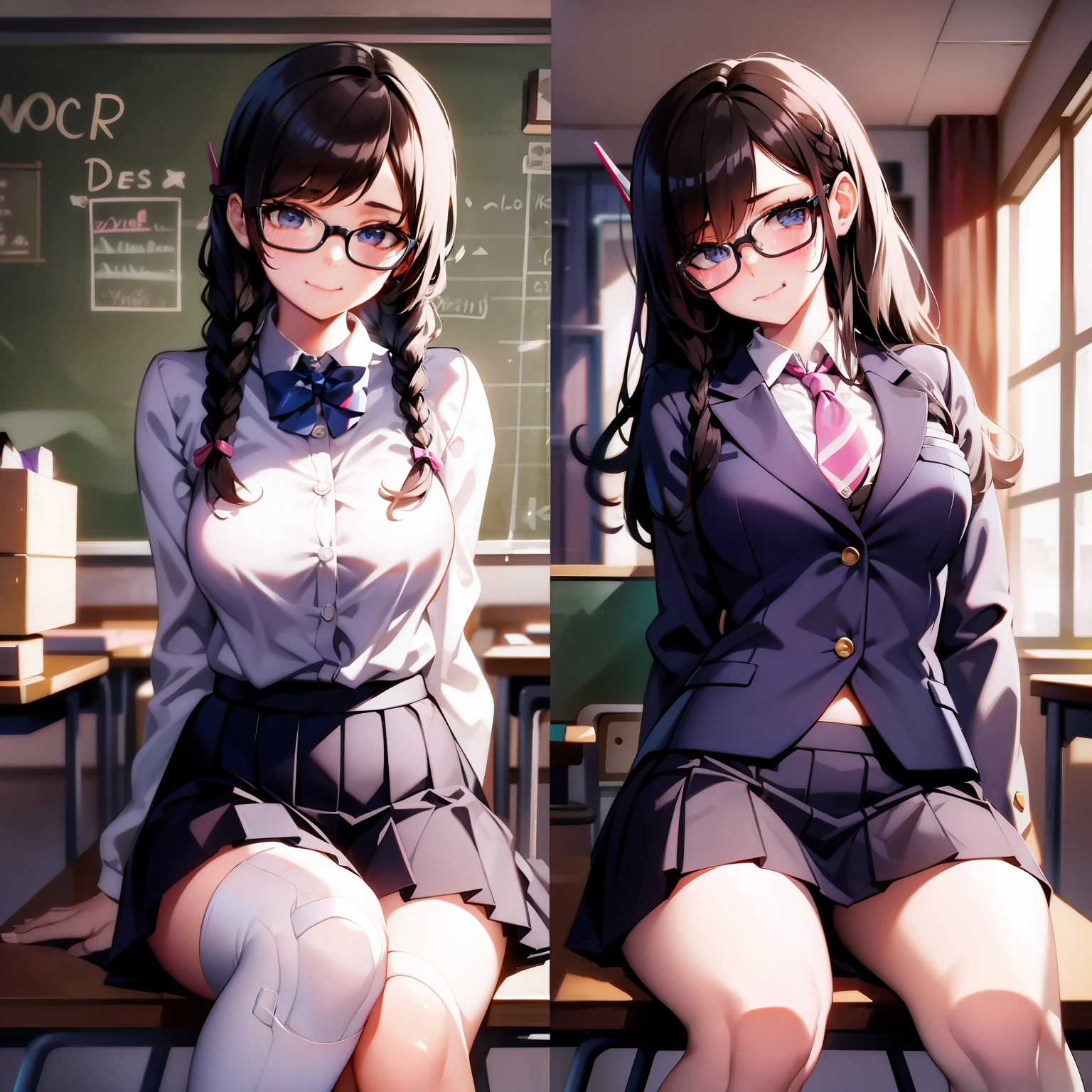 d.va, waist up, twin braids, blazer, seductive pose, sitting, bespectacled, looking at viewer, school uniform, classroom, pleated skirt, full body,best quality