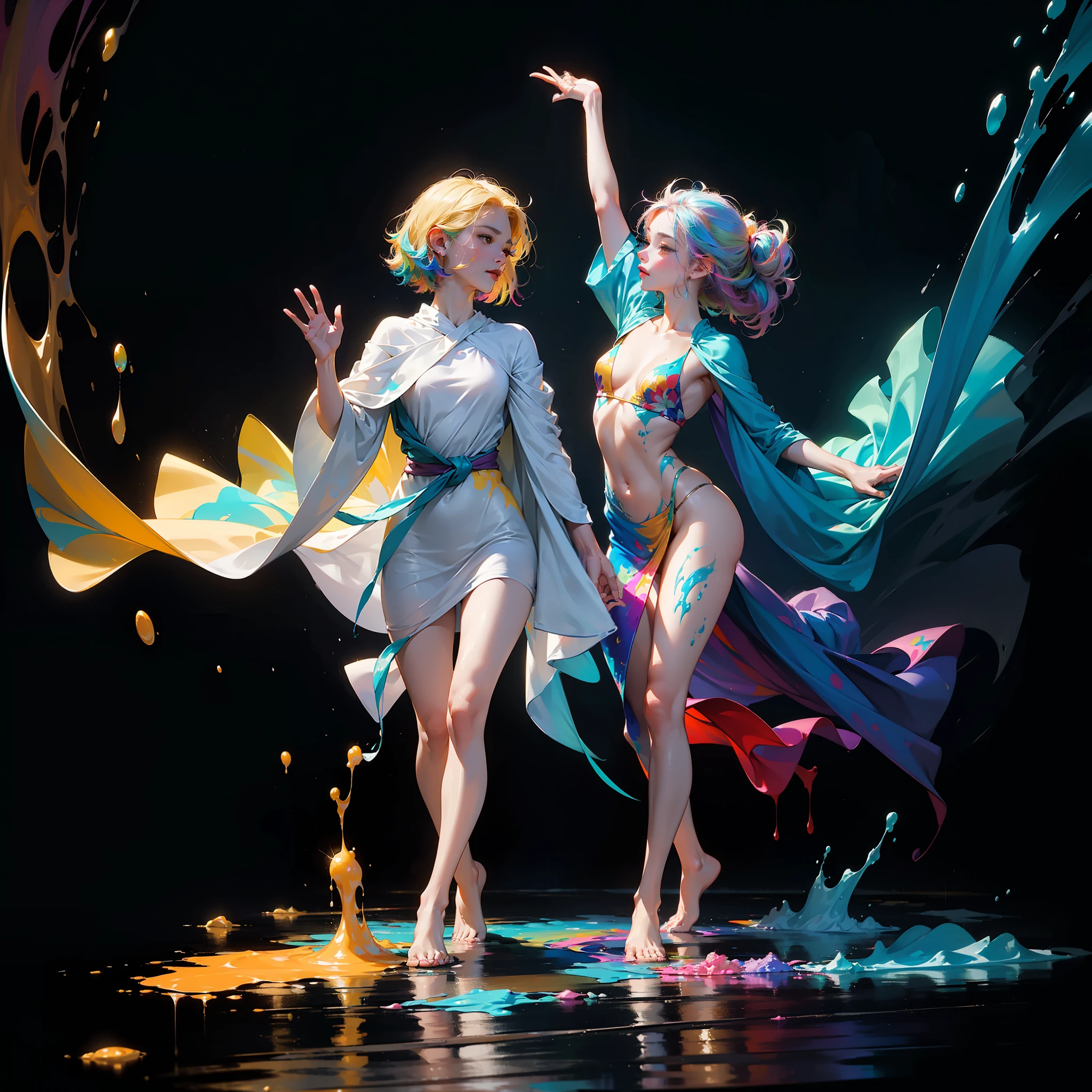 (masterpiece, high detail, high resolution, gentle art style, soft style), two women dancing in the raining paint, ((waving flowy cloaks made of liquid paint)), colourful paint raining, (thick rainbow paint hair: 1.8), sensual painting, paint raining on her, small hip, (small and small butts: , (slim), full body view, ((no floor, bright background, abstract background))), breasts covth paint, sfw, calm facial expression, relaxed, ((clothes made of colourful paint, no clothes)), detailed, (volumetric paint explosions, vibrant colours, level difference detail)