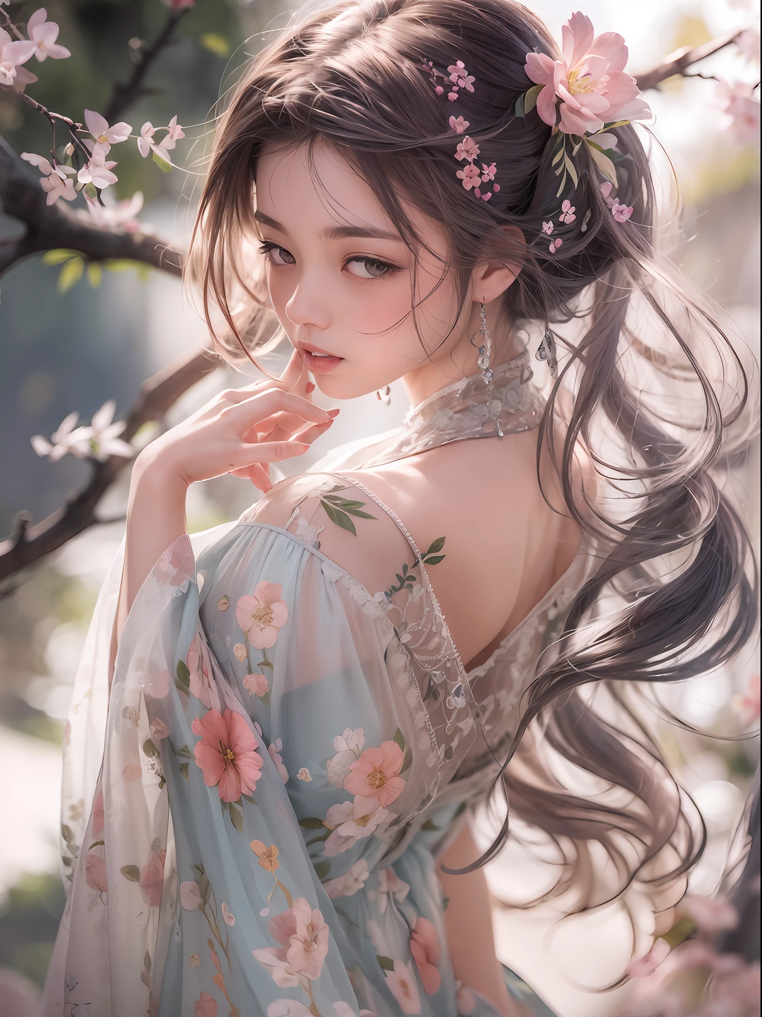 loose outfit、Show shoulders、How to wear a gown with a broken see-through halter neck、Decorated with intricate patterns and bright colors、Transparent material that makes the skin shine、Artistic depiction of seductive woman in gown with wet thin cloth and transparent skin, Floral and fantastic pattern with flowing silky traditional see-through skin。Her dress draped elegantly around her curvaceous figure、Emphasizes her charming silhouette。She's a gentle fireworks night、Dynamic Posing、Sexy Posing、bathed in the soft glow of moonlight。The scene is、With a hint of mystery and sensuality、It exudes an ethereal dreamy atmosphere。The image style is、Incorporates a blend of watercolor and digital illustration techniques.、It makes you feel delicate beauty and charm。Soft moonlit lighting、Cast gentle highlights and shadows on her mesmerizing features。Dynamic Posing、Bold poses、The hand is somewhere、see -through、show through、A sexy、Wet hair、Wet、cherry trees、flower petals、cherryblossom、The cherry tree、Sakura blizzard、buried、Transparent skin、Wet clothes、Chest Pulling、Translucent clothes、On the water、