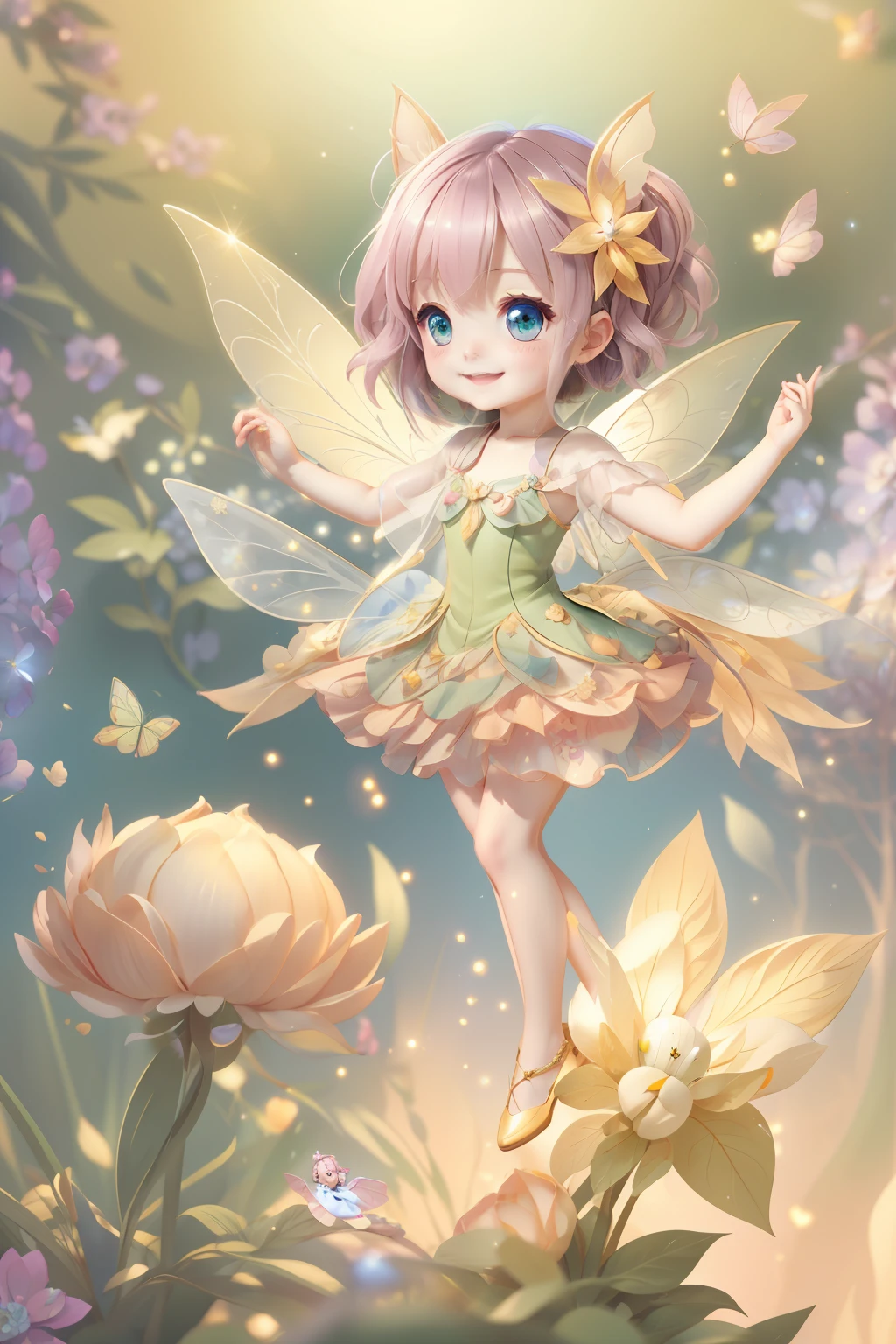 Cute fairy with a sense of transparency、Bright smile、Have fun playing、Beautiful background、Bright background、Green background