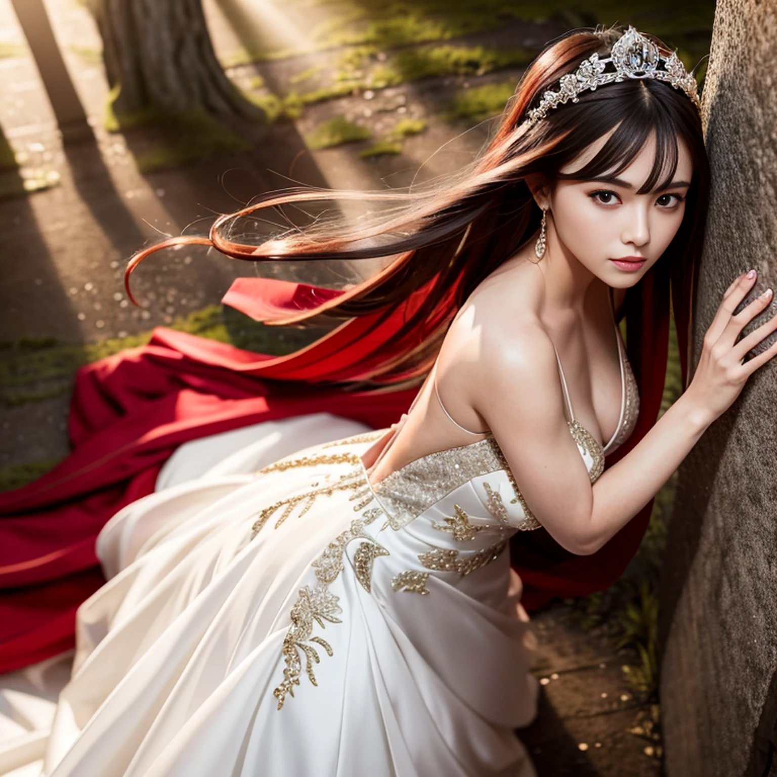 A beautiful girl in a wedding dress walking in the forest，Head up，Neat one-word bangs,Ji Shi Fa，French braids, move chart, Atmospheric perspective, Cinematic lighting, tmasterpiece, Textured skin,Fine hair like silk,Every hair is clear，Red band，photo level，wide angles，entire body image，little breast，Smaller bust，flatchest，Seductive eyes，Glamorous temperament）Surrounded by red dragons，Wear gorgeous high heels，Red and white glitter royal dress，background of the castle of Europe，God Rays shines on the body