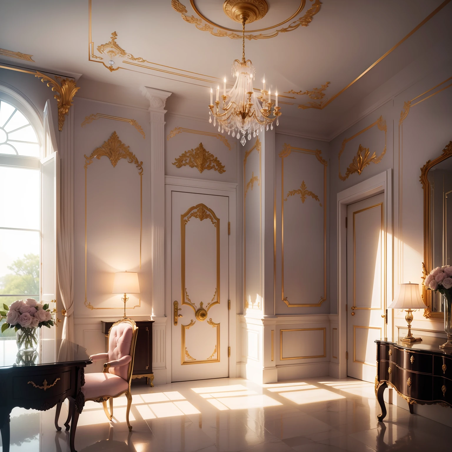 Imagine a charming interior space, com uma atmosfera acolhedora e elegante. The scene unfolds in a spacious studio, bem iluminado e decorado com tons suaves de rosa claro, branco e toques sutis de ouro rosado.
The central wall of the studio is the focal point and needs to be designed to highlight the brand logo. It's a flat wall, perfectly smooth and painted a pale pink, providing a smooth and pleasant background for the logo that will be applied.
The furniture is carefully selected to complement the feminine aesthetic of the space. There is an elegant white marble reception table with golden legs, adornada com um delicado arranjo de flores frescas. Behind the desk, There's a wall with glass shelves displaying luxurious beauty products and fancy packaging.
Lighting is essential to enhance the beauty of the environment. Candelabros glamourosos com pingentes de cristal pendurados no teto, espalhando um suave, bright light throughout the studio. Ao longo das paredes, Golden sconces add a subtle touch of elegance.The camera should capture all this beauty with sharp details and precise colors. O enquadramento deve destacar a parede central com a logo, mostrando seu design intrincado e harmonioso. The lighting should highlight the soft tones of the environment, creating soft shadows that highlight the textures of furniture and decorative objects. With his artistic skill, Bring this studio to life with refined aesthetics, delicado e feminino, transformando-o em uma imagem que cativa os olhos e transmite toda a sua beleza.
