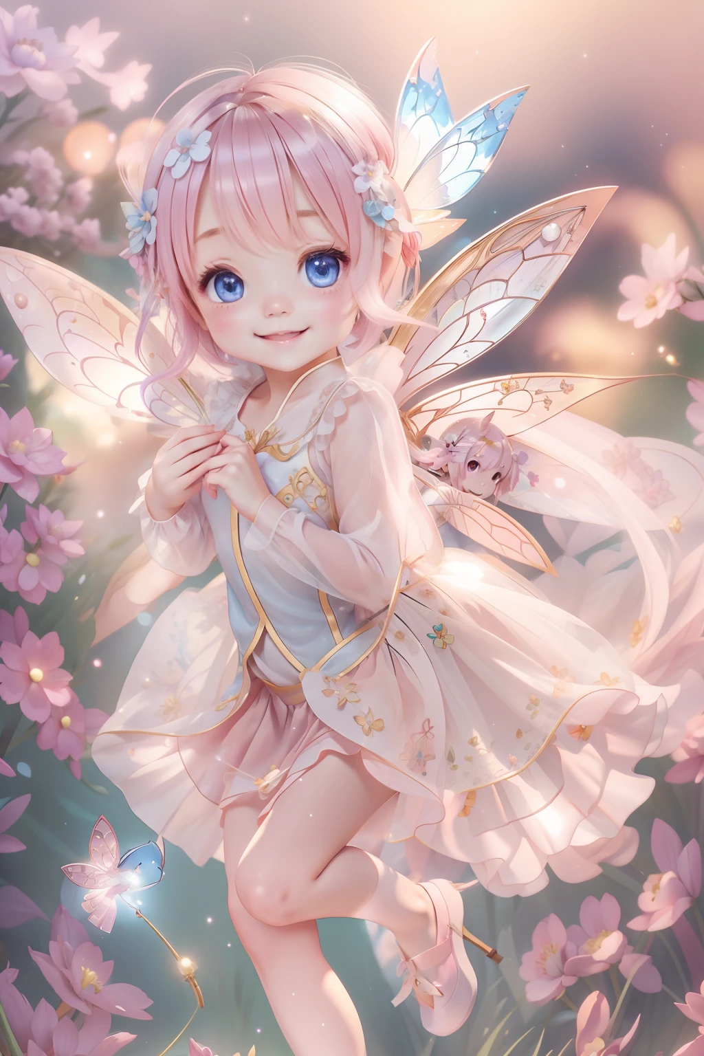Cute fairy with a sense of transparency、Bright smile、Have fun playing、Beautiful background、Bright background、pink back ground