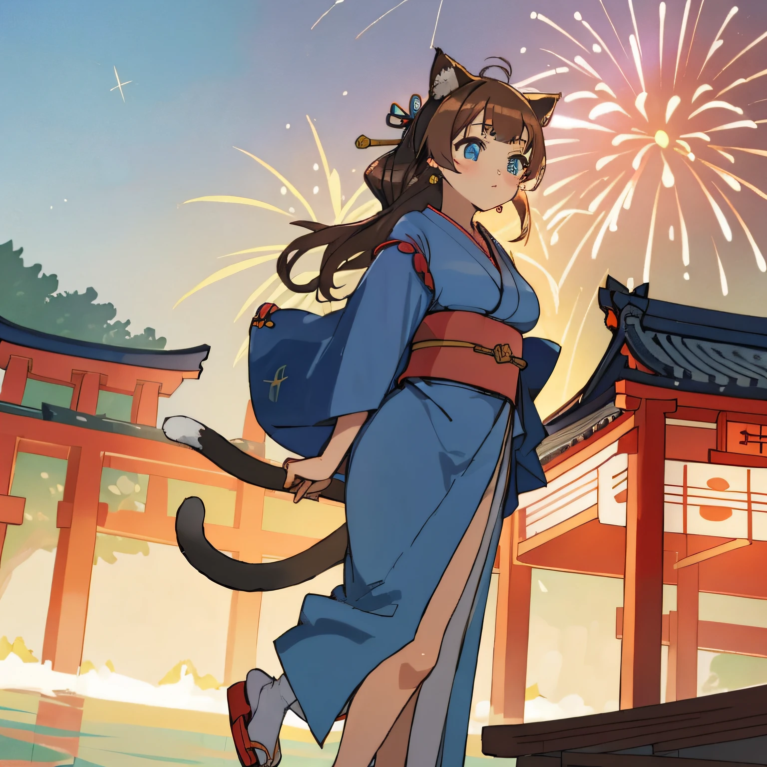 (Highly detailed CG Unity 8k wallpaper), (Best Quality), (Super Detail), (Best Illustration), (Best Shadow), POV, Realistic lighting and shading, Natural light, Lens flare effect, BREAK, 1 beautiful girl, Solo,(Cute:1.5),(Chibi:0.8), (kawaii:1.5),(Lori:0.5), BREAK, ( ( years olirl), Very detailed, colourfull, highest details, BREAK, (Huge breasts: 1. 2,), Clear skin, Beautiful skin, Shy skin, 1 beautiful girl, Brown hair wet with sweat, (Cat ears, Side tail,medium-Long hair: 1. 2), (Light blue eyes, long eyelashes, Double eyelids: 1. 2), Solo, gleaming skin, BREAK,(bath robe,Dark blue obi kimono:1.2), (White ruffled bra shows off:1.2), (star-shaped earring:1.1), (Hair ornament in the shape of the moon:1.0), (Red clogs:1.3), (Arms spread with high tension:1.1), (is standing,Slouched:1.3), Angle from chest to top, (Angle from below,Emphasizes cleavage:1.1), BREAK, (omatsuri:1.2), (Fireworks:1.4), (edo period:1.4), (Summer festival:1.2), (food stand:1.4), Paper Lante
