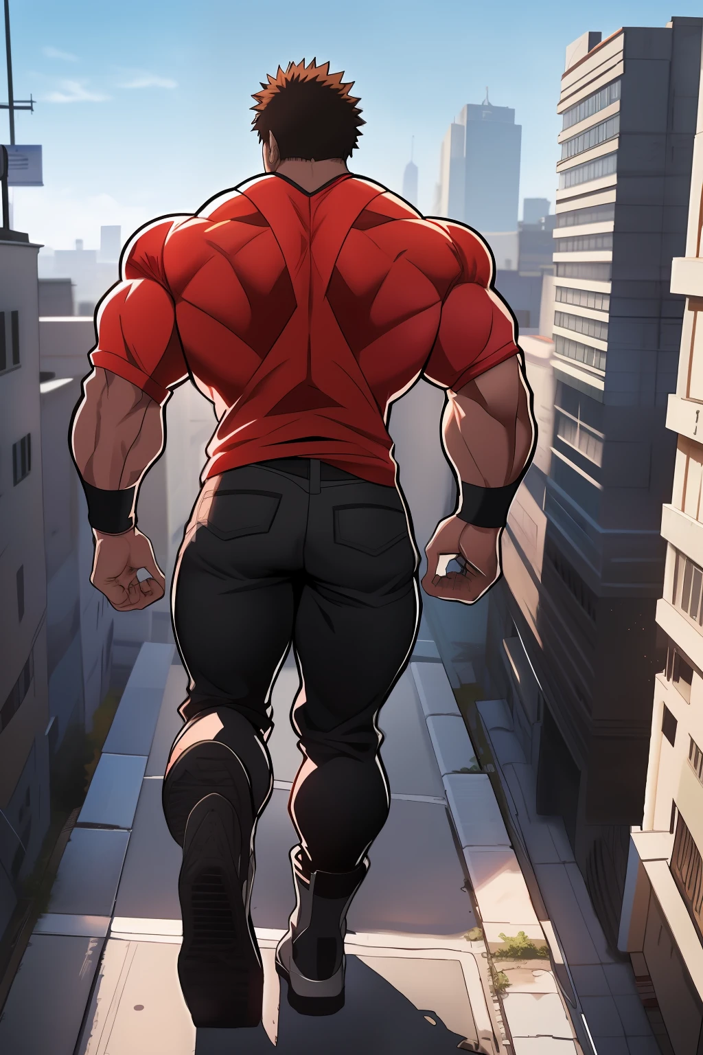 Generate an anime-style artwork featuring a high angle shot of a muscular male character with his back turned to the camera, THE CHARACTER IS ON TOP OF A HIGH BUILDING, The protagonist should possess an extremely muscular body, akin to that of a bodybuilder. The character should have very short hair and be dressed in a white tank top, black pants, and black boots.The image should depict the full body of the character, with the focus on their intimidating stance from behind. The protagonist should exude strength and dominance, displaying a powerful presence. The scene should feature only the muscular character, THE CHARACTER MUST BE ON TOP OF A BUILDINGS SHOWING A BIG CITY BELOW HIM