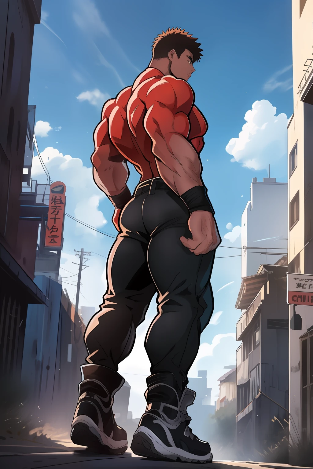 Generate an anime-style artwork featuring a high angle shot of a muscular male character with his back turned to the camera, THE CHARACTER IS ON TOP OF A HIGH BUILDING, The protagonist should possess an extremely muscular body, akin to that of a bodybuilder. The character should have very short hair and be dressed in a white tank top, black pants, and black boots.The image should depict the full body of the character, with the focus on their intimidating stance from behind. The protagonist should exude strength and dominance, displaying a powerful presence. The scene should feature only the muscular character, THE CHARACTER MUST BE ON TOP OF A BUILDINGS SHOWING A BIG CITY BELOW HIM