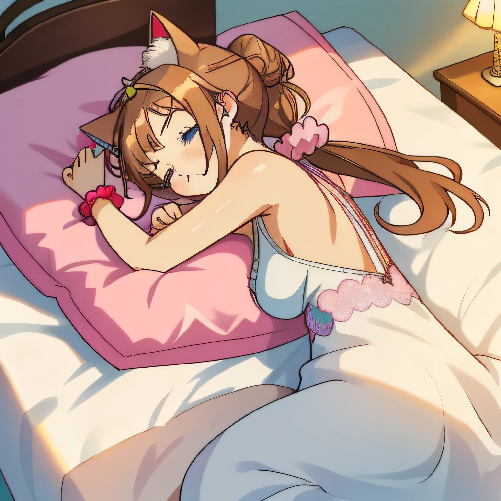 (Highly detailed CG Unity 8k wallpaper), (Best Quality), (Super Detail), (Best Illustration), (Best Shadow), POV, Realistic lighting and shading, Natural light, Lens flare effect, BREAK, 1 beautiful girl, Solo,(Cute:1.5),(Chibi:0.8), (kawaii:1.5),(Lori:0.5), BREAK,  ( (17 years old girl), Very detailed, colourfull, highest details, BREAK, (Huge breasts: 1. 2,), Clear skin, Beautiful skin, Shy skin, 1 beautiful girl, Brown hair, (Cat ears, Ponytail, medium-Long hair: 1. 2), (Light blue eyes, long eyelashes, Double eyelids: 1. 2), Solo,  gleaming skin, BREAK, (Turning red:1.2), (She has her hair tied in a bun.:1.0), (Barefoot with colorful nails:1.0), (barechested:1.2), (pink scrunchie:1.0),  (star-shaped earring:1.1), (Lace headband:1.0), (Cute Accessories:1.3), (Angle from the back,a bed,Sleeping face down:1.1),(Massage room background),