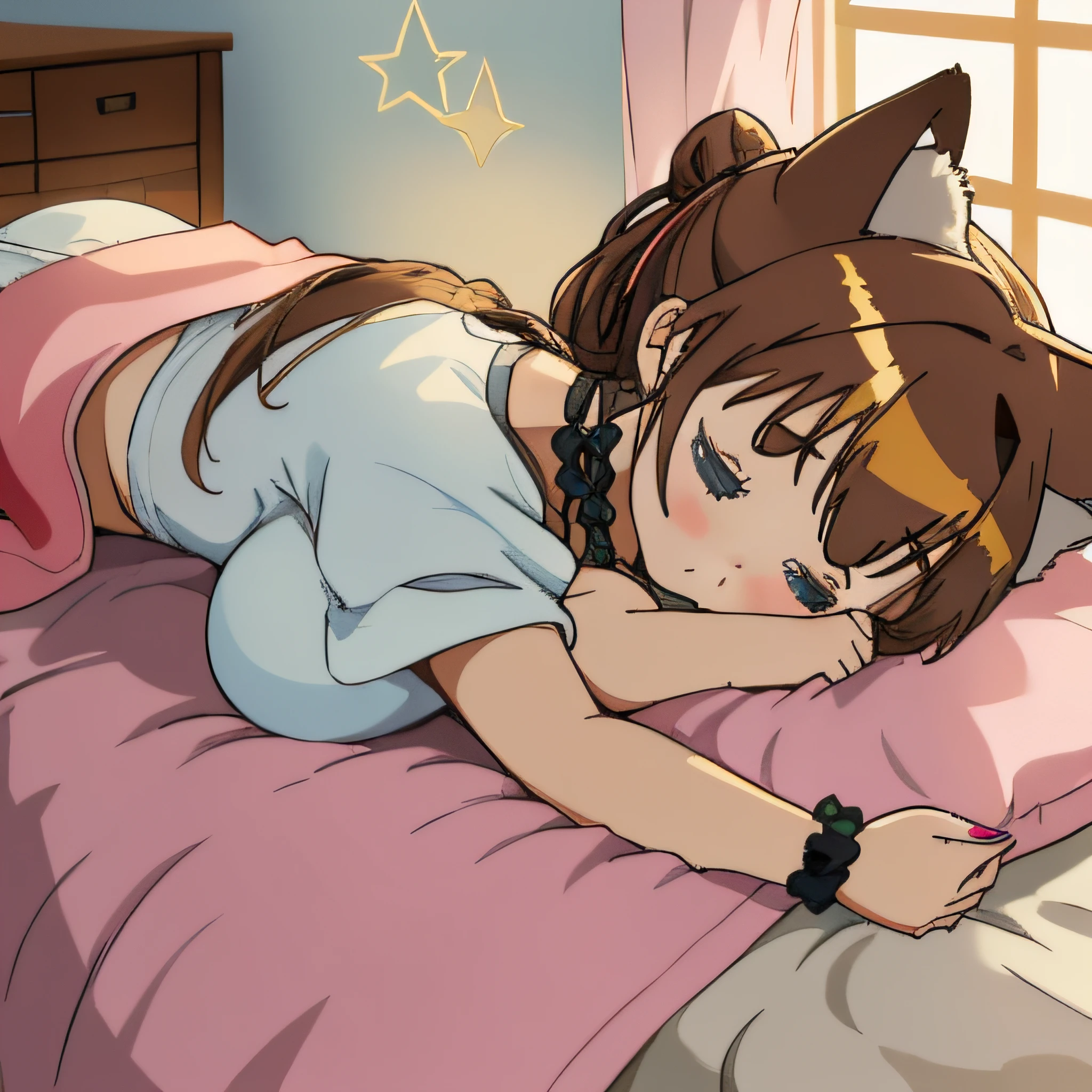 (Highly detailed CG Unity 8k wallpaper), (Best Quality), (Super Detail), (Best Illustration), (Best Shadow), POV, Realistic lighting and shading, Natural light, Lens flare effect, BREAK, 1 beautiful girl, Solo,(Cute:1.5),(Chibi:0.8), (kawaii:1.5),(Lori:0.5), BREAK,  ( (17 years old girl), Very detailed, colourfull, highest details, BREAK, (Huge breasts: 1. 2,), Clear skin, Beautiful skin, Shy skin, 1 beautiful girl, Brown hair, (Cat ears, Ponytail, medium-Long hair: 1. 2), (Light blue eyes, long eyelashes, Double eyelids: 1. 2), Solo,  gleaming skin, BREAK, (Turning red:1.2), (She has her hair tied in a bun.:1.0), (Barefoot with colorful nails:1.0), (barechested:1.2), (pink scrunchie:1.0),  (star-shaped earring:1.1), (Lace headband:1.0), (Cute Accessories:1.3), (Angle from the back,a bed,Sleeping face down:1.1),(Massage room background),