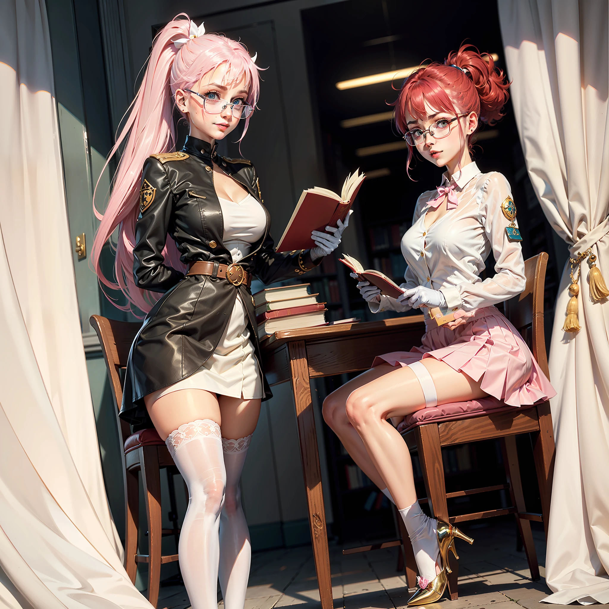 Pink hair,High long ponytail,round frame glasses,Year of the cardamom,Pink over-the-knee skirt,Translucent white stockings,library,Librarian,Reading,desks,Tsundere,White and tender,Wearing white gloves,plain face,Slim,little breast,in one hand Holding a book,World Masterpieces,Clear conditioning,Gao cold eyes,Reddish cheeks,having fun,HighestQuali,eyes highlights,Vivid,Eyes facing the lenses,Erudition,8K,leathery,Slim,high light,shadowing,Wrap the chest,diplomat,little mouth,Look happy,Pupil highlights