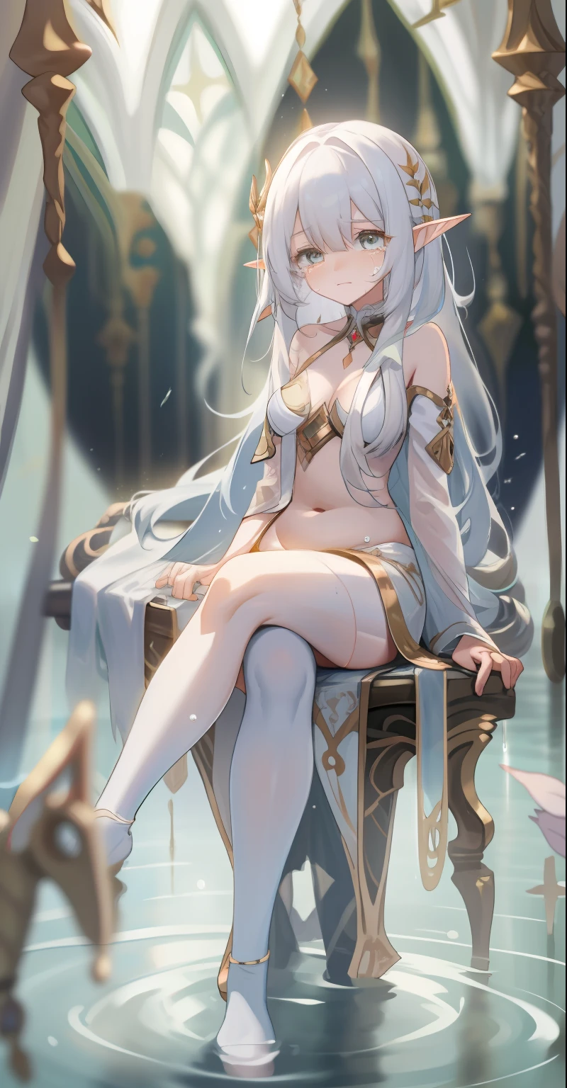 White-haired in tight white socks,Long flowing hair, Tights, Absolute realm, Sexy look, see - through, clear curvy details, Slender legs loom,White body,Hair is shiny,Delicate and shiny skin,Slender body,breast curtains,Naked chest,Upturned buttocks,Plump breasts,The body was soaked with sweat,Poor milk,Exposing the abdomen,The lower abdomen is firm,ears of elf,weeping,streaming tears,In the water