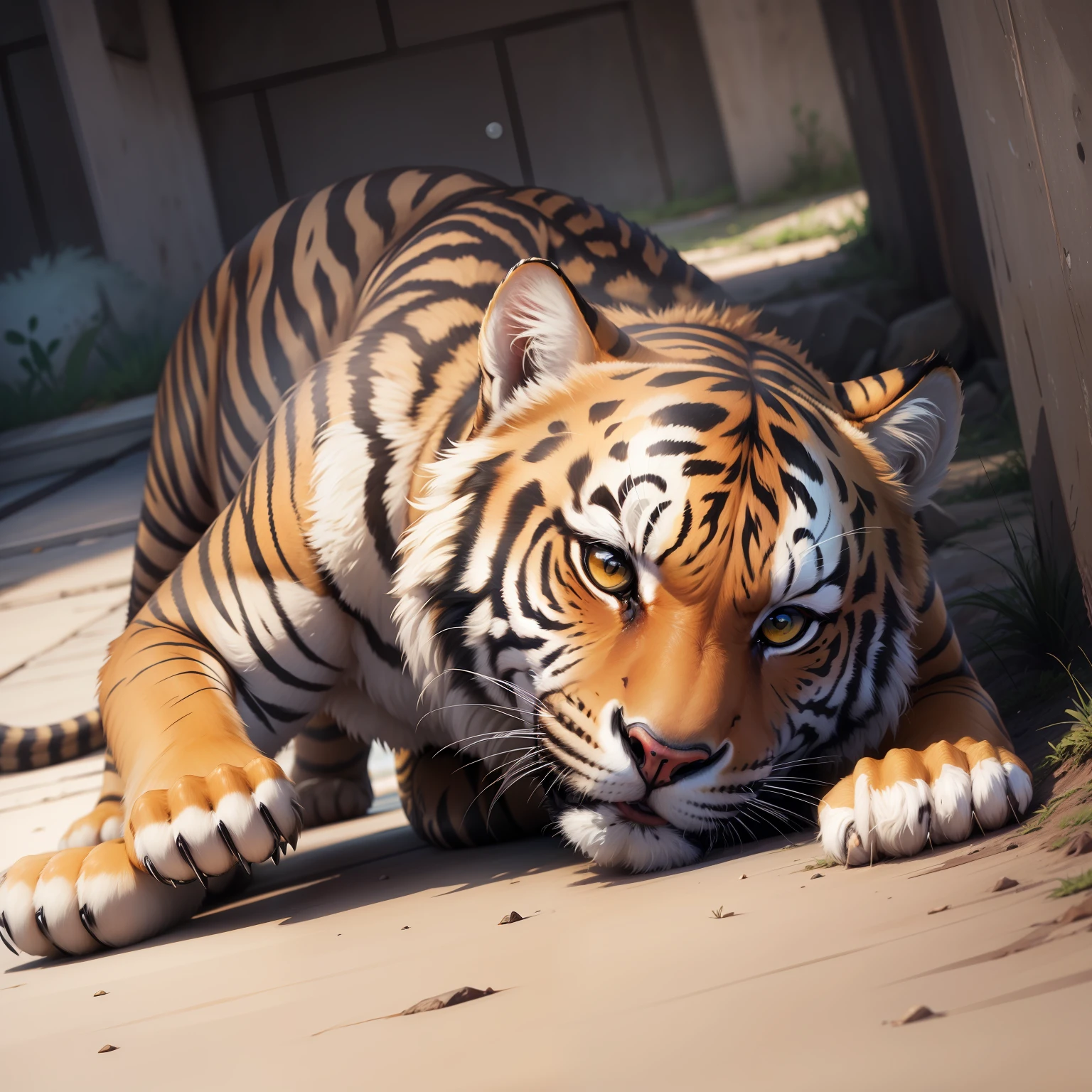 Um tigre siberiano  deitado no chao