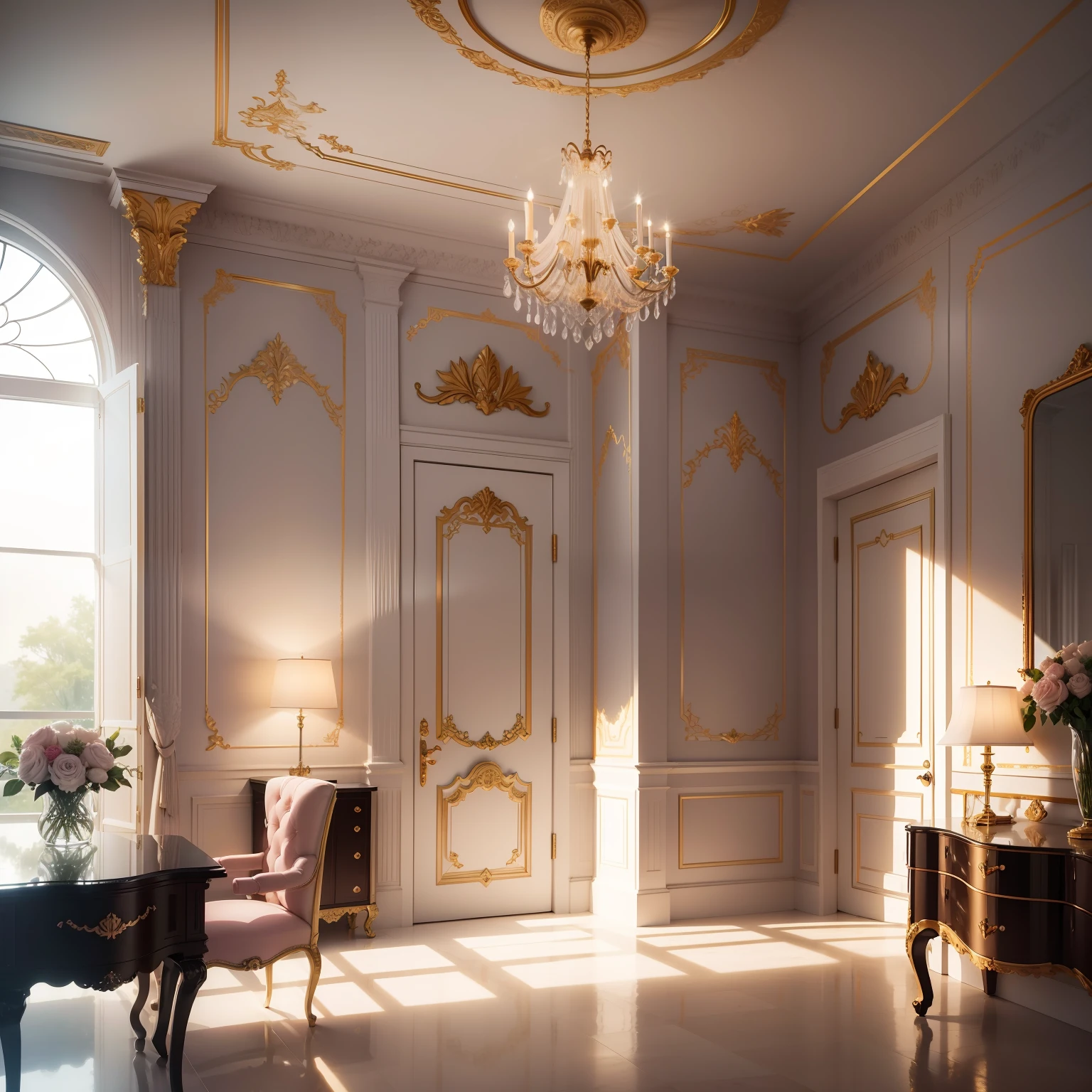 Imagine a charming interior space, com uma atmosfera acolhedora e elegante. The scene unfolds in a spacious studio, bem iluminado e decorado com tons suaves de rosa claro, branco e toques sutis de ouro rosado.
The central wall of the studio is the focal point and needs to be designed to highlight the brand logo. It's a flat wall, perfectly smooth and painted a pale pink, providing a smooth and pleasant background for the logo that will be applied.
The furniture is carefully selected to complement the feminine aesthetic of the space. There is an elegant white marble reception table with golden legs, adornada com um delicado arranjo de flores frescas. Behind the desk, There's a wall with glass shelves displaying luxurious beauty products and fancy packaging.
Lighting is essential to enhance the beauty of the environment. Candelabros glamourosos com pingentes de cristal pendurados no teto, espalhando um suave, bright light throughout the studio. Ao longo das paredes, Golden sconces add a subtle touch of elegance.The camera should capture all this beauty with sharp details and precise colors. O enquadramento deve destacar a parede central com a logo, mostrando seu design intrincado e harmonioso. The lighting should highlight the soft tones of the environment, creating soft shadows that highlight the textures of furniture and decorative objects. With his artistic skill, Bring this studio to life with refined aesthetics, delicado e feminino, transformando-o em uma imagem que cativa os olhos e transmite toda a sua beleza. You don't need doors in the picture and you don't need such large windows.