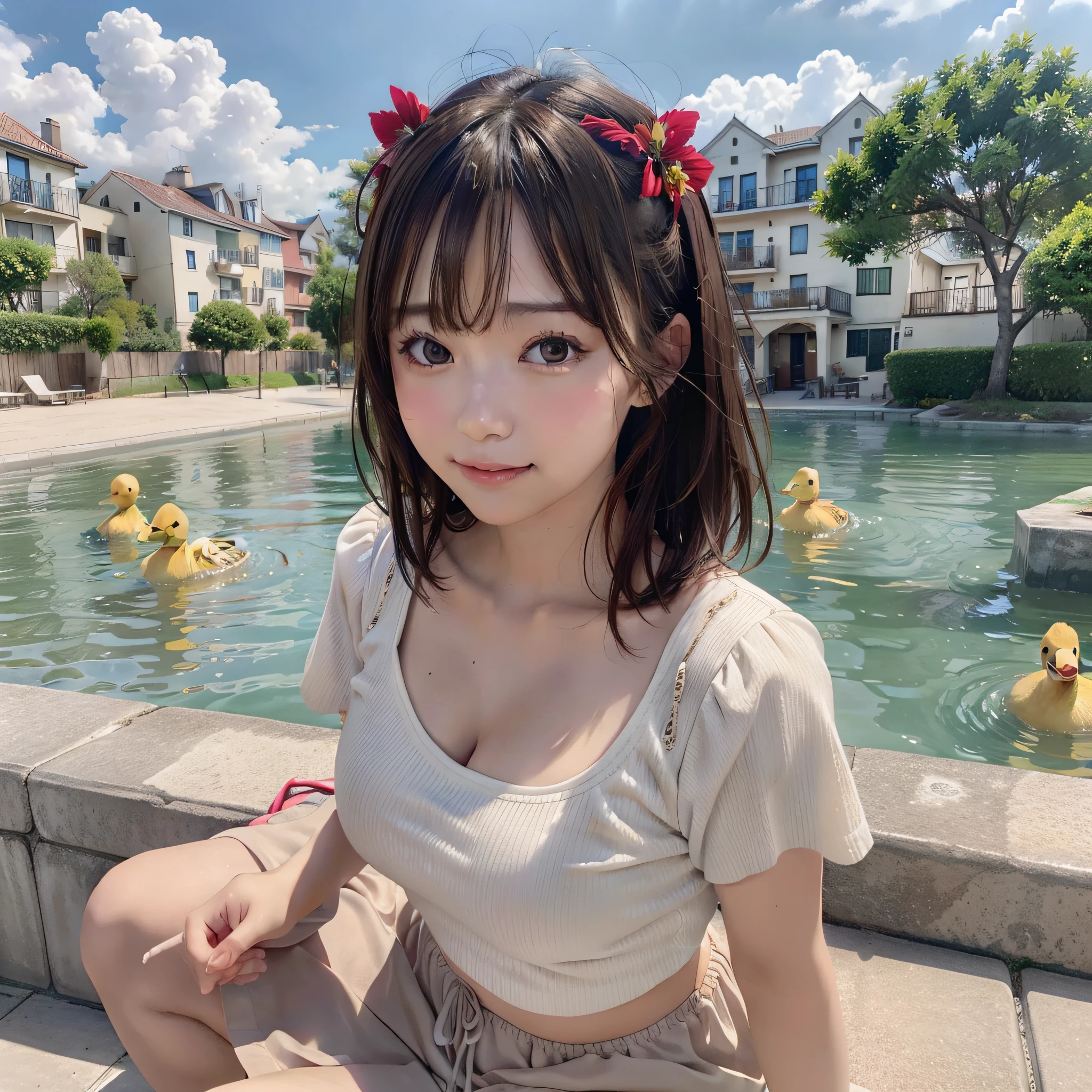 best quality, ultra high resolution, (photorealistic: 1.4), (detailed beautiful girl: 1.4), (medium breasts: 0.8), olhando_no_visualizador, detailed facial details, beautiful and detailed eyes, (brown hair), brown eyes, smile (makeup: 0.4), red lips, (full body, sitting, beach, high waves, ), very detailed clothes, (ulzzang-6500-v1. 1:0.3) \, yellow ducks, strong wind,