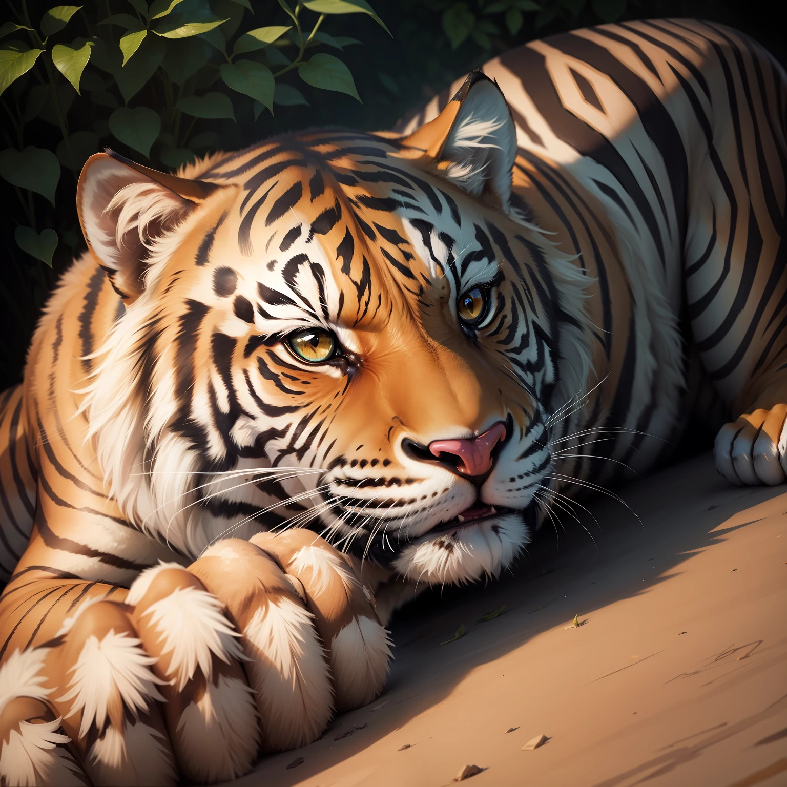 Um tigre siberiano  deitado no chao