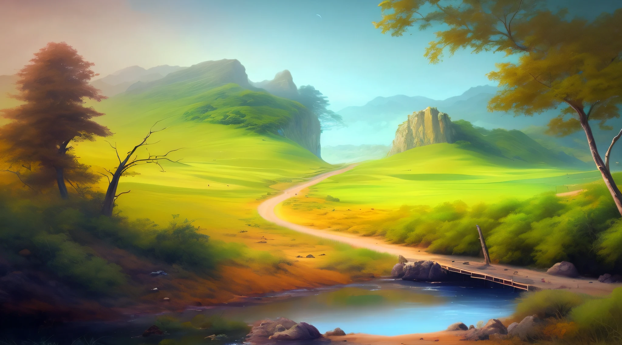 pintura de um rio que atravessa um vale verde exuberante com montanhas ao fundo, Pintura digital 4K, Pintura digital 4k, 8k resolution digital painting, 8k resolution digital painting, pintura digital bonita, WLOP e RHADS, Pintura digital 8k, pintura de paisagem de fantasia, lindo pintura digital, pintura digital impressionante, paisagem de arte de fantasia, arte conceitual de pintura digital