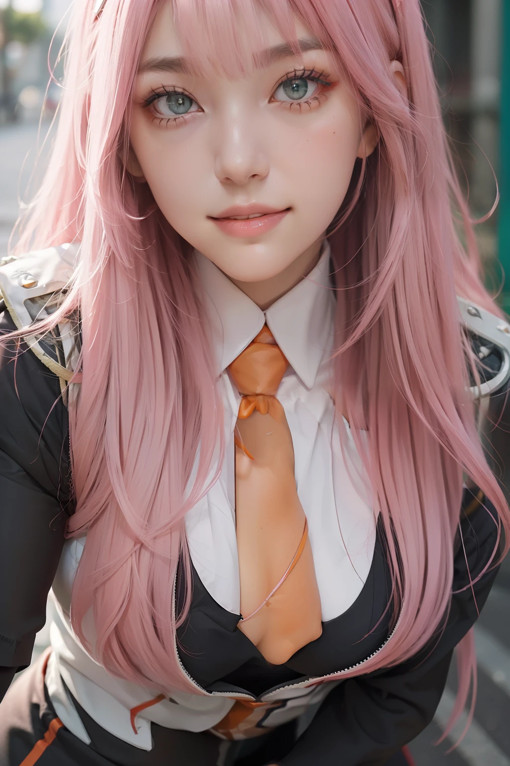 4k, raw camera, highres, masterpiece, portrait, aesthetic, beautiful, best quality, highly detaile, best quality clothing, aesthetic clothings, professional angle, rule of thirds, Feminine, delicate, beautiful, 19 years, attractive, solo, 1 girl, (Zero Two), (In an alley), (Upper Body, Close Up), ((From Looking at Viewer)), (Low Lighting), ((Smiling)), (Long Hair, Pink Hair, Very Straight Hair, Bangs, Blunt Bangs Hair, Little Red Oni Horns in hair), (Open Eyes, Aqua Eyes, DarkPink Eyeliner in Eyes, Very Cheerful Gaze), Soft Skin, (-), ((Standing, (Leaning Forward), Straight-On)), Beautiful Teeth, Perfect Teeth, White HairBand, (Half Open Mouth), (Natural Lips), (Medium Breast), ((Arms Behind Back, Hands Behind Back)), (Red Military Uniform, Full Black Tights, Necktie, Orange Necktie, Opaque Clothing, High Quality Clothing), (No Neckline), beautiful body, beautiful eyes, shiny eyes, shiny hair, beautiful mouth, beautiful lips, beautiful face, hd, matt suit