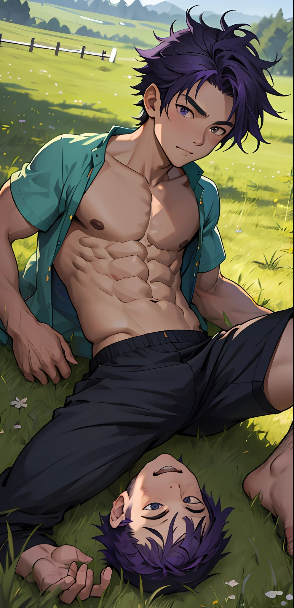 (masterpiece, best quality), 1boy，younge boy，???'s face，Lying in the grass，adolable，infancy，Young age，Short round face，Flat chin，Briefs，musculous, short blue-purple hair, Dark gray eyes, 复杂, full bodyesbian,nakeness， Green briefs,Pectoralis abdominal muscles，vivd colour,(depth of fields:1.2),(abs),looking at viewert，Lying in the grass，spread their legs