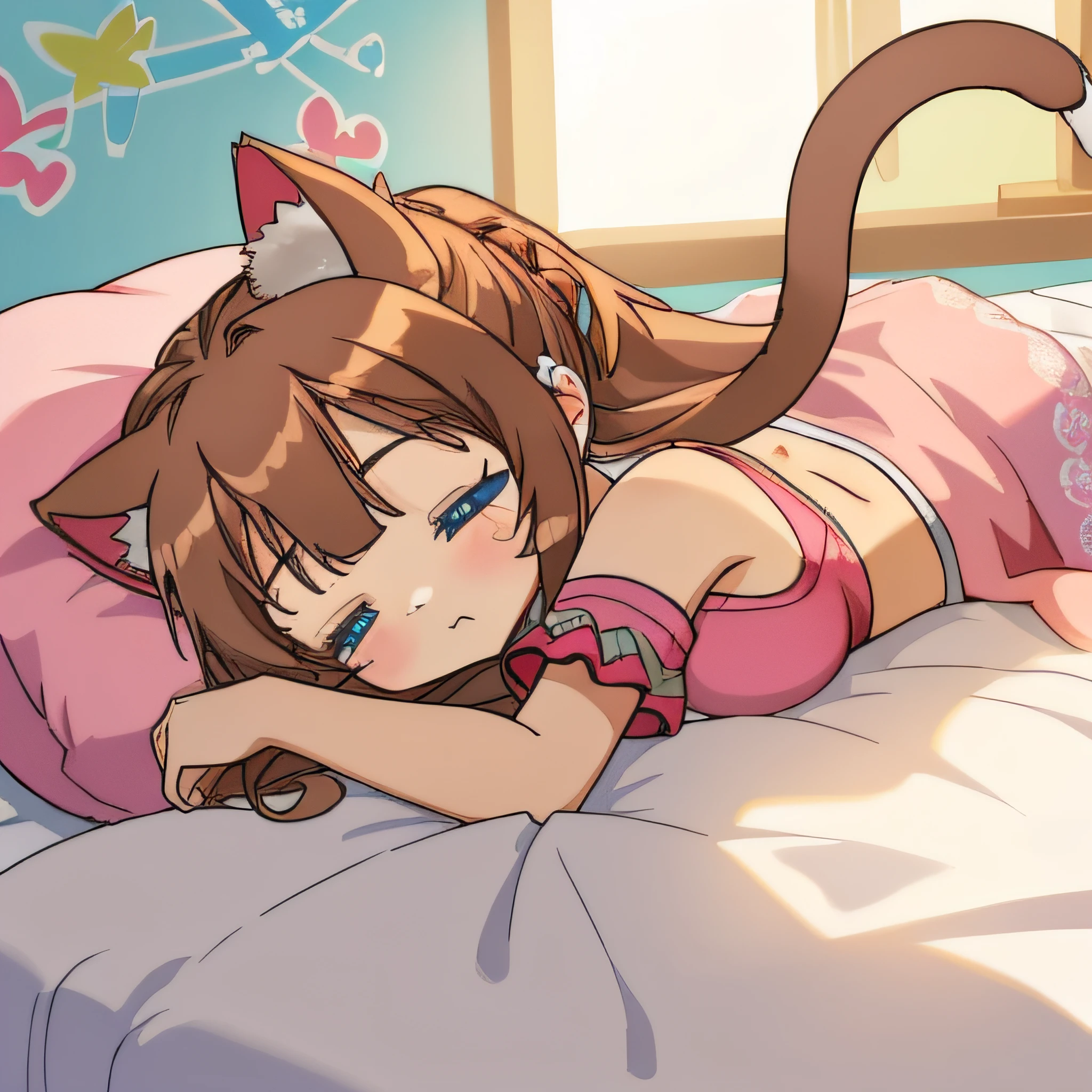(Highly detailed CG Unity 8k wallpaper), (Best Quality), (Super Detail), (Best Illustration), (Best Shadow), POV, Realistic lighting and shading, Natural light, Lens flare effect, BREAK, 1 beautiful girl, Solo,(Cute:1.5),(Chibi:0.8), (kawaii:1.5),(Lori:0.5), BREAK, ( (17 years old girl), Very detailed, colourfull, highest details, BREAK, (Huge breasts: 1. 2,), Clear skin, Beautiful skin, Shy skin, 1 beautiful girl, Brown hair, (Cat ears, Ponytail, medium-Long hair: 1. 2), (Light blue eyes, long eyelashes, Double eyelids: 1. 2), Solo, gleaming skin, BREAK, (Turning red:1.2), (She has her hair tied in a bun.:1.0), (Barefoot with colorful nails:1.0), (barechested:1.2), (pink scrunchie:1.0), (star-shaped earring:1.1), (Lace headband:1.0), (Cute Accessories:1.3), (Angle from the back,a bed,Sleeping face down,Graffiti on the face:1.1),(Massage room background),