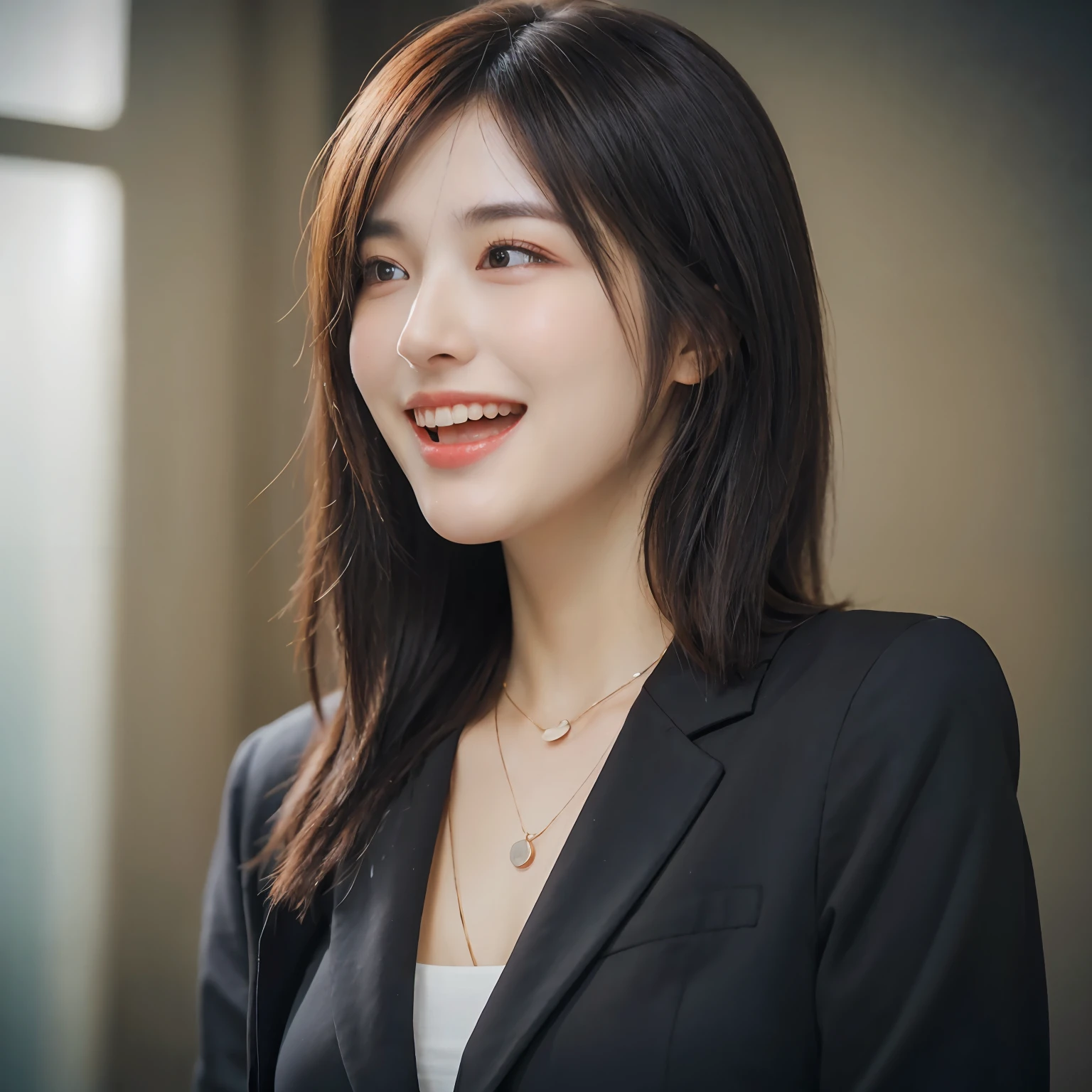 Dressed, (photographrealistic:1.4), (Hyper realistic:1.4), (Realistic:1.3), (Smoother lighting:1.05), (increase cinematic lighting quality:0.9), 32K, 1girl in,25-years old, Realistic lighting, Backlighting, Light on Face, raytrace, (Brightening light:1.2), (Increase quality:1.4), (Top quality real texture skins:1.4), finely detailed eyes, finerly detailed face, (tired and sleepy and joy:0), (Laugh:1.4), Black Suit,a necklace, (Increase body line mood:1.1), (Increase the beauty of skin texture:1.1)
