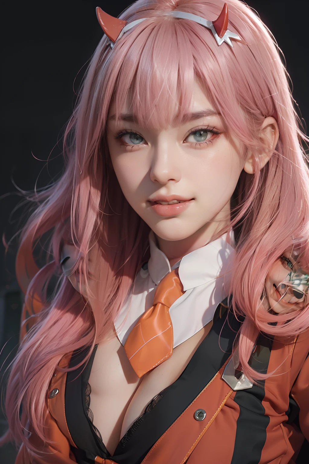 4k, raw camera, highres, masterpiece, portrait, aesthetic, beautiful, best quality, highly detaile, best quality clothing, aesthetic clothings, professional angle, rule of thirds, Feminine, delicate, beautiful, 19 years, attractive, solo, 1 girl, (Zero Two), (In an alley), (Upper Body, Close Up), ((From Looking at Viewer)), (Low Lighting), ((Smiling)), (Long Hair, Pink Hair, Very Straight Hair, Bangs, Blunt Bangs Hair, Little Red Oni Horns in hair), (Open Eyes, Aqua Eyes, DarkPink Eyeliner in Eyes, Very Cheerful Gaze), Soft Skin, (-), ((Standing, (Leaning Forward), Straight-On)), Beautiful Teeth, Perfect Teeth, White HairBand, (Half Open Mouth), (Natural Lips), (Medium Breast), ((Arms Behind Back, Hands Behind Back)), (Red Military Uniform, Full Black Tights, Necktie, Orange Necktie, Opaque Clothing, High Quality Clothing), (No Neckline), beautiful body, beautiful eyes, shiny eyes, shiny hair, beautiful mouth, beautiful lips, beautiful face, hd, matt suit