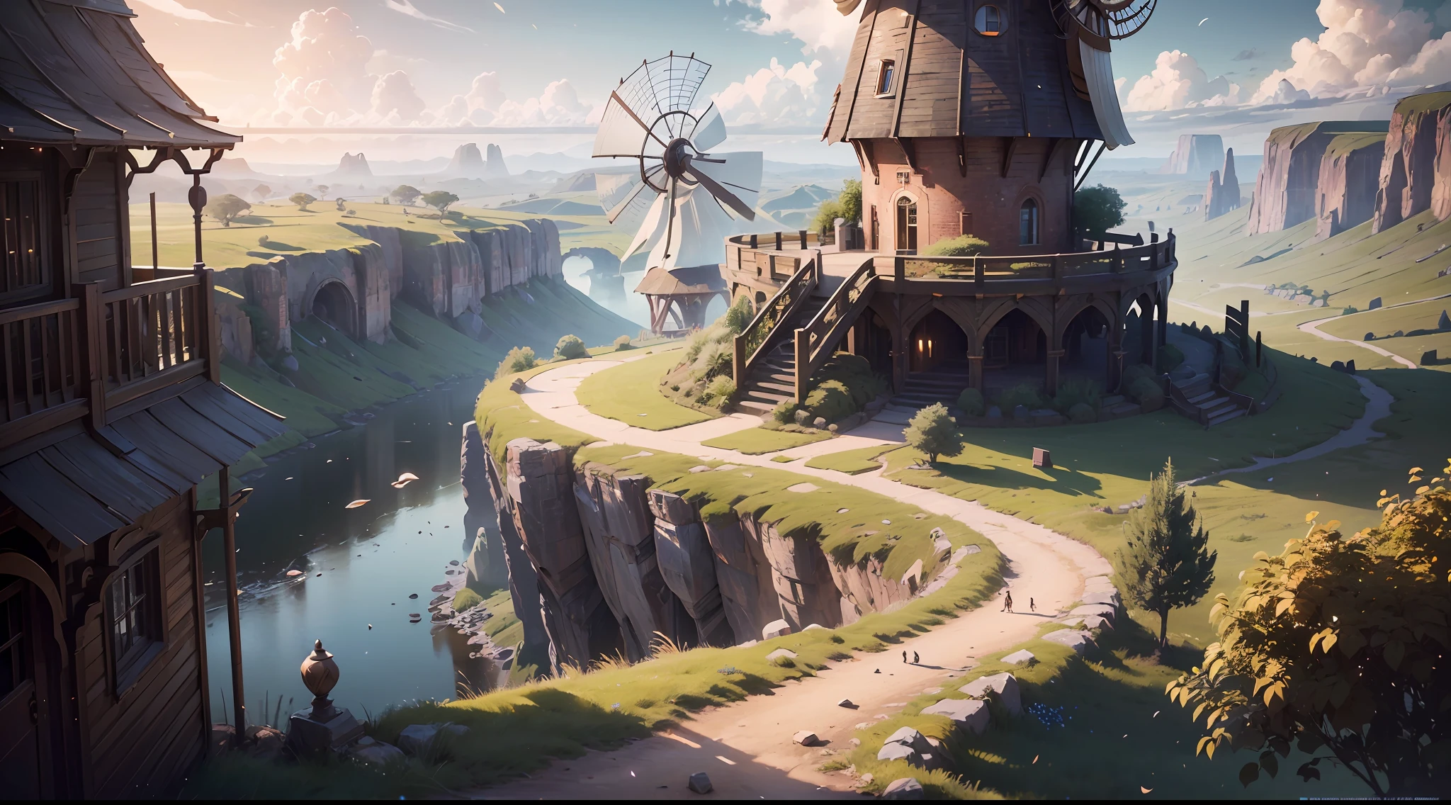 "(by Greg Rutkowski: 1.2), (ultra-detailed CG unity 8k wallpaper, masterpiece, best quality, depth of field, HDR, intricate), Enchanting windmill in a picturesque countryside, with vibrant colors and stunning details, sharp focus, cinematic lighting, peaceful environment, post-processing, (detailed environment)"