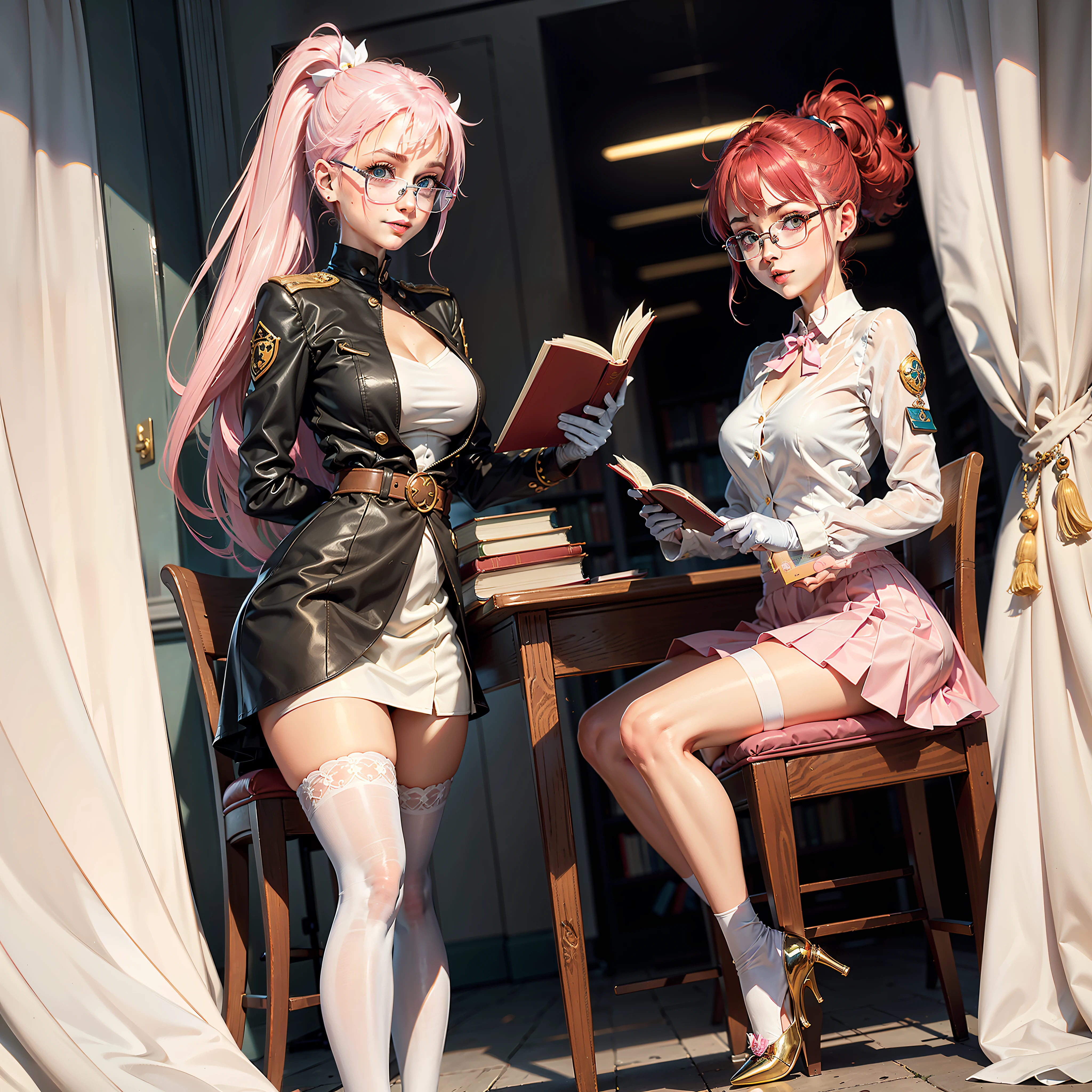 Pink hair，High long ponytail，round frame glasses，Year of the cardamom，Pink over-the-knee skirt，Translucent white stockings，library，Librarian，Reading，desks，Tsundere，White and tender，Wearing white gloves，plain face，Slim，little breast，in one hand Holding a book，World Masterpieces，Clear conditioning，Gao cold eyes，Reddish cheeks，having fun，HighestQuali，eyes highlights，Vivid，Eyes facing the lenses，Erudition,8K，leathery，Slim，high light，shadowing，Wrap the chest，diplomat，little mouth，Look happy，Pupil highlights
