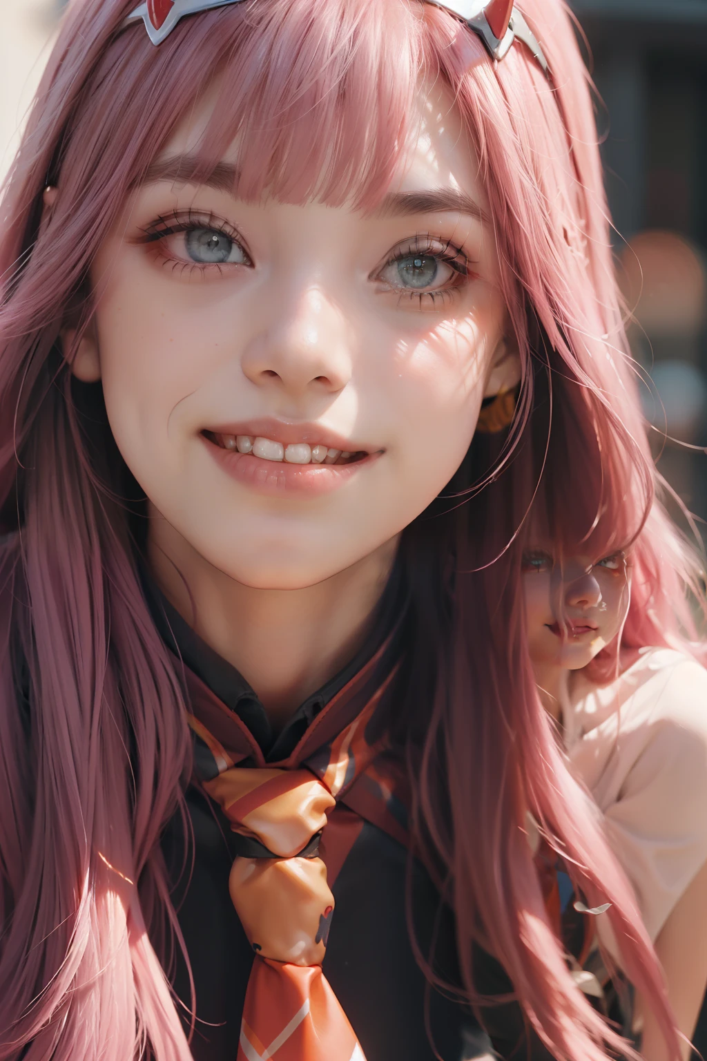 4k, raw camera, highres, masterpiece, portrait, aesthetic, beautiful, best quality, highly detaile, best quality clothing, aesthetic clothings, professional angle, rule of thirds, Feminine, delicate, beautiful, 19 years, attractive, solo, 1 girl, (Zero Two), (In an alley), (Upper Body, Close Up), ((From Looking at Viewer)), (Low Lighting), ((Smiling)), (Long Hair, Pink Hair, Very Straight Hair, Bangs, Blunt Bangs Hair, Little Red Oni Horns in hair), (Open Eyes, Aqua Eyes, DarkPink Eyeliner in Eyes, Very Cheerful Gaze), Soft Skin, (-), ((Standing, (Leaning Forward), Straight-On)), Beautiful Teeth, Perfect Teeth, White HairBand, (Half Open Mouth), (Natural Lips), (Medium Breast), ((Arms Behind Back, Hands Behind Back)), (Red Military Uniform, Full Black Tights, Necktie, Orange Necktie, Opaque Clothing, High Quality Clothing), (No Neckline), beautiful body, beautiful eyes, shiny eyes, shiny hair, beautiful mouth, beautiful lips, beautiful face, hd, matt suit