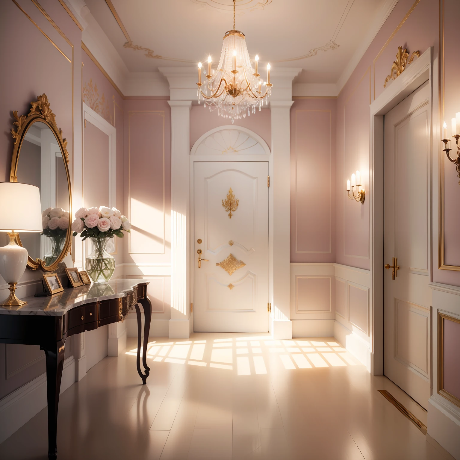 Imagine an aesthetic clinic with lovely interior space, com uma atmosfera acolhedora e elegante. The scene unfolds in a spacious studio, bem iluminado e decorado com tons suaves de rosa claro, branco e toques sutis de ouro rosado. The central wall of the studio is the focal point and needs to be designed to highlight the brand logo. It's a flat wall, perfectly smooth and painted a pale pink, providing a smooth and pleasant background for the logo that will be applied. The furniture is carefully selected to complement the feminine aesthetic of the space. There is an elegant white marble reception table with golden legs, adornada com um delicado arranjo de flores frescas. Behind the desk, There's a wall with glass shelves displaying luxurious beauty products and fancy packaging. Lighting is essential to enhance the beauty of the environment. Candelabros glamourosos com pingentes de cristal pendurados no teto, espalhando um suave, bright light throughout the studio. Ao longo das paredes, Golden sconces add a subtle touch of elegance.The camera should capture all this beauty with sharp details and precise colors. O enquadramento deve destacar a parede central com a logo, mostrando seu design intrincado e harmonioso. The lighting should highlight the soft tones of the environment, creating soft shadows that highlight the textures of furniture and decorative objects. With his artistic skill, Bring this studio to life with refined aesthetics, delicado e feminino, transformando-o em uma imagem que cativa os olhos e transmite toda a sua beleza. You don't need doors in the photo and you don't need such large windows.