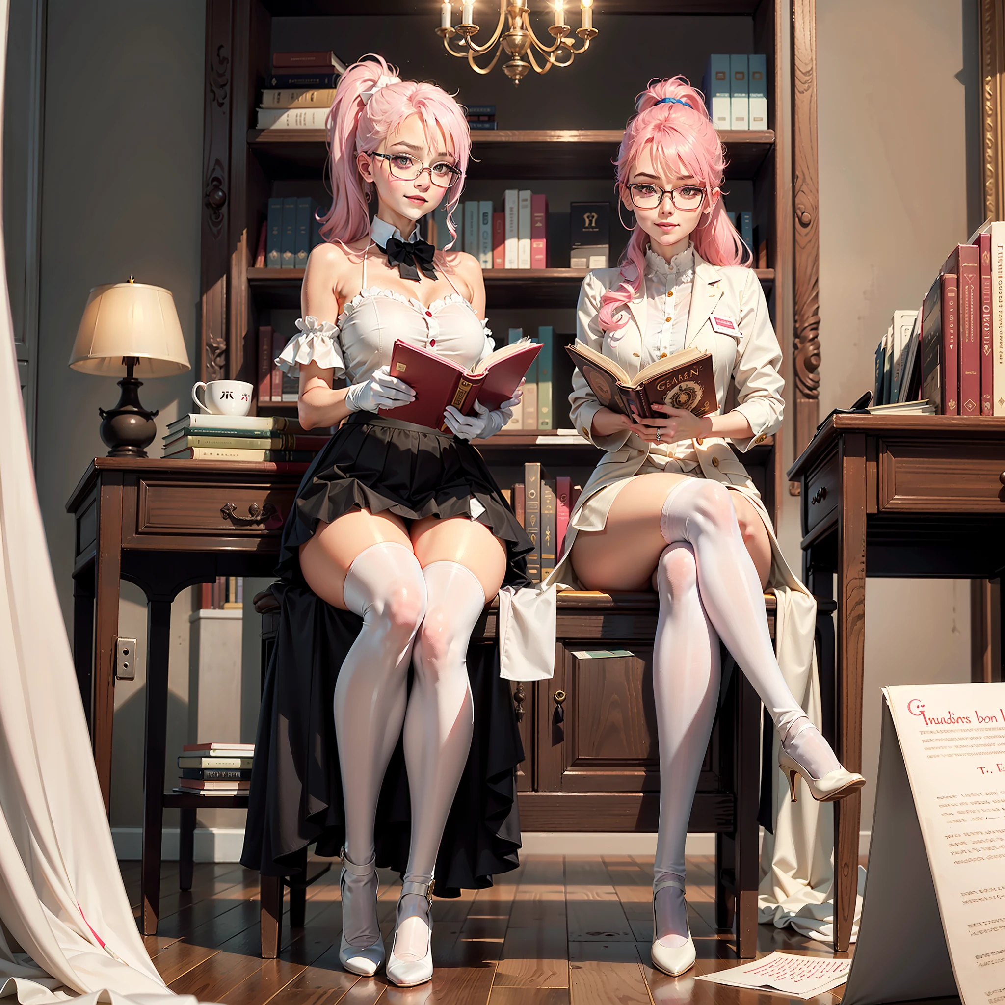 Pink hair,High long ponytail,round frame glasses,Year of the cardamom,Pink over-the-knee skirt,Translucent white stockings,library,Librarian,Reading,desks,Tsundere,White and tender,Wearing white gloves,plain face,Slim,little breast,in one hand Holding a book,World Masterpieces,Clear conditioning,Gao cold eyes,Reddish cheeks,having fun,HighestQuali,eyes highlights,Vivid,Eyes facing the lenses,Erudition,8K,leathery,Slim,high light,shadowing,Wrap the chest,diplomat,little mouth,Look happy,Pupil highlights