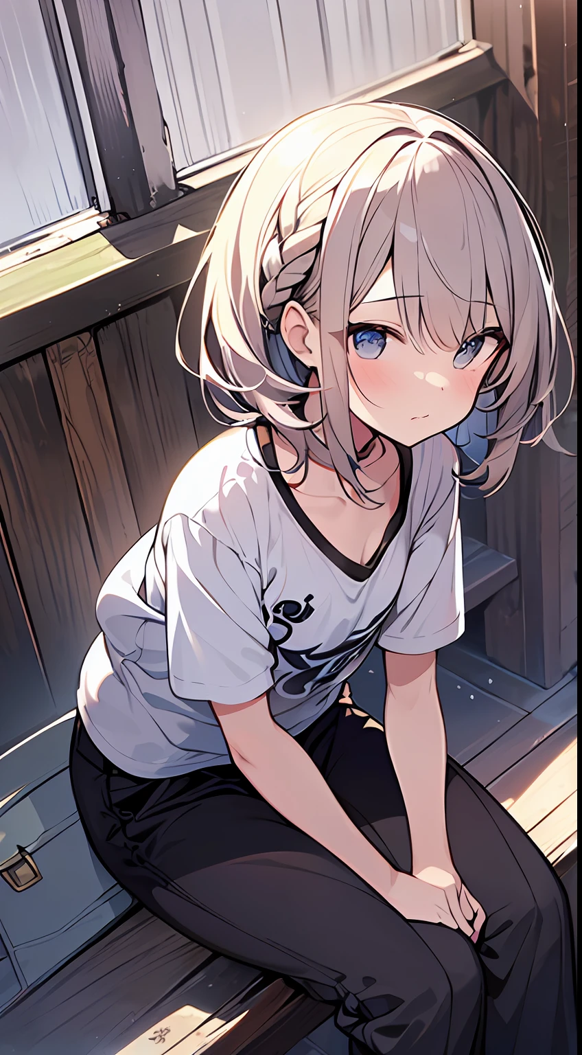 (top-quality、32K image quality、masterpiece、nffsw:1.2)、a cute 、Medium short hair、short braiding、beauitful face、(Slouched:1.3)、crouching down、(From above:1.2)、(a closeup:1.4)、small curvy loliou can see the chest))、Bust Up Perspective、Loose baggy T-shirt、(beautiful nipple slips:0.9)、outside of house、the wind、shinny skin、blurry backround
