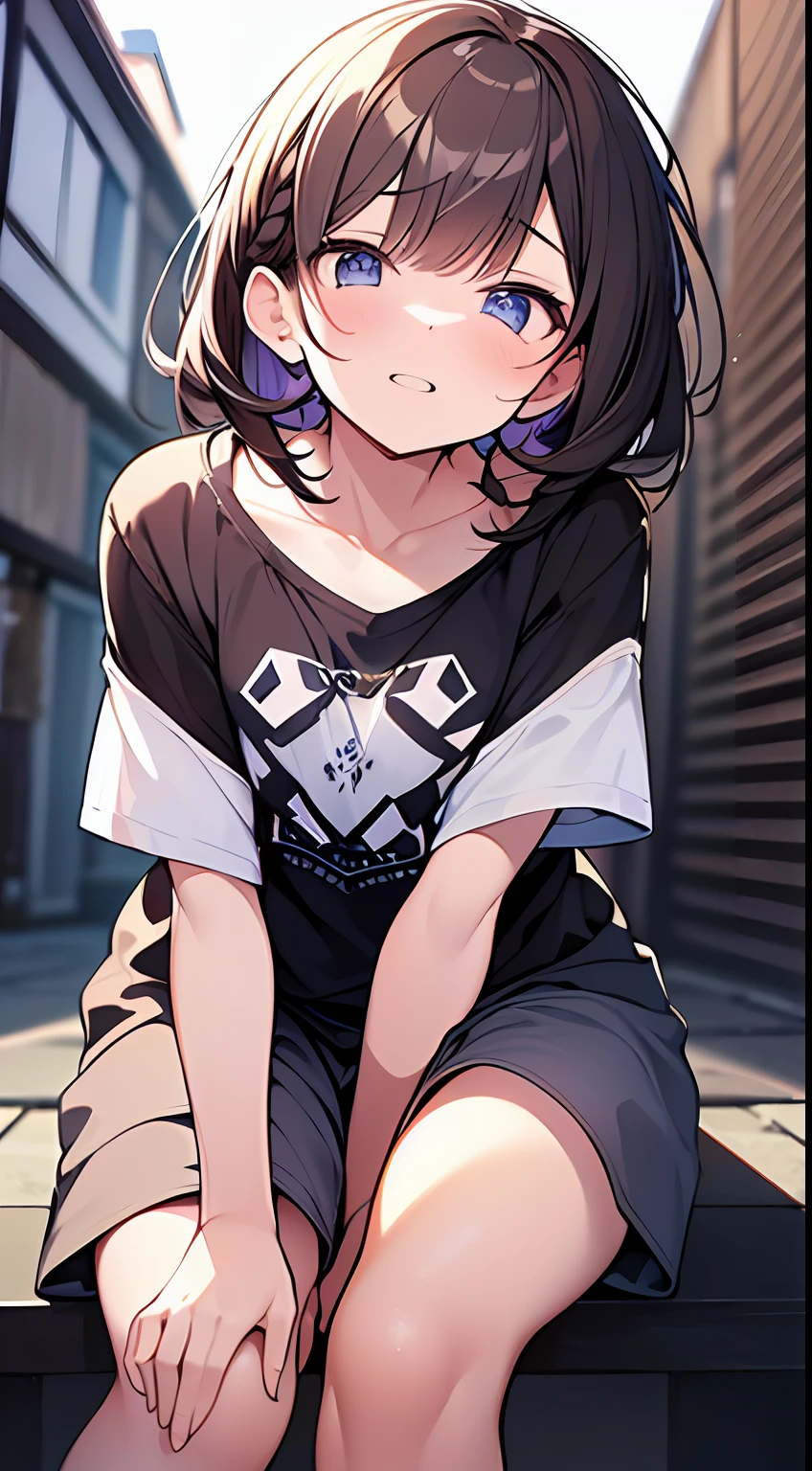 (top-quality、32K image quality、masterpiece、nffsw:1.2)、a cute 、Medium short hair、short braiding、beauitful face、(Slouched:1.3)、crouching down、(From above:1.2)、(a closeup:1.4)、small curvy loliou can see the chest))、Bust Up Perspective、Loose baggy T-shirt、(beautiful nipple slips:0.9)、outside of house、the wind、shinny skin、blurry backround