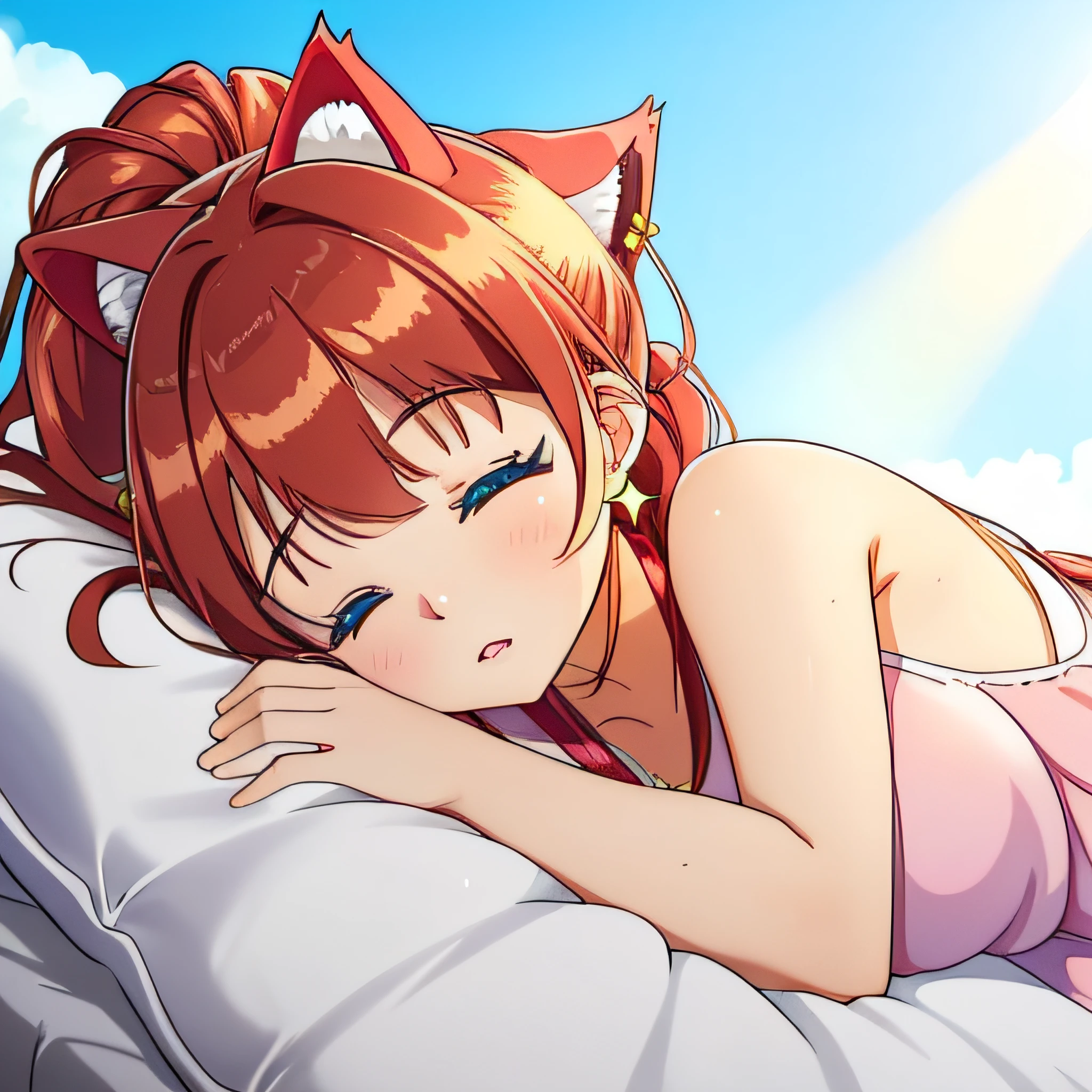 (Highly detailed CG Unity 8k wallpaper), (Best Quality), (Super Detail), (Best Illustration), (Best Shadow), POV, Realistic lighting and shading, Natural light, Lens flare effect, BREAK, 1 beautiful girl, Solo,(Cute:1.5),(Chibi:0.8), (kawaii:1.5),(Lori:0.5), BREAK,  ( (17 years old girl), Very detailed, colourfull, highest details, BREAK, (Huge breasts: 1. 2,), Clear skin, Beautiful skin, Shy skin, 1 beautiful girl, Brown hair, (Cat ears, Ponytail, medium-Long hair: 1. 2), (Light blue eyes, long eyelashes, Double eyelids: 1. 2), Solo,  gleaming skin, BREAK, (Turning red:1.2), (She has her hair tied in a bun.:1.0), (Barefoot with colorful nails:1.0), (barechested:1.2), (pink scrunchie:1.0),  (star-shaped earring:1.1), (Lace headband:1.0), (Cute Accessories:1.3), (Angle from the back,a bed,Sleeping face down:1.1),(Massage room background),