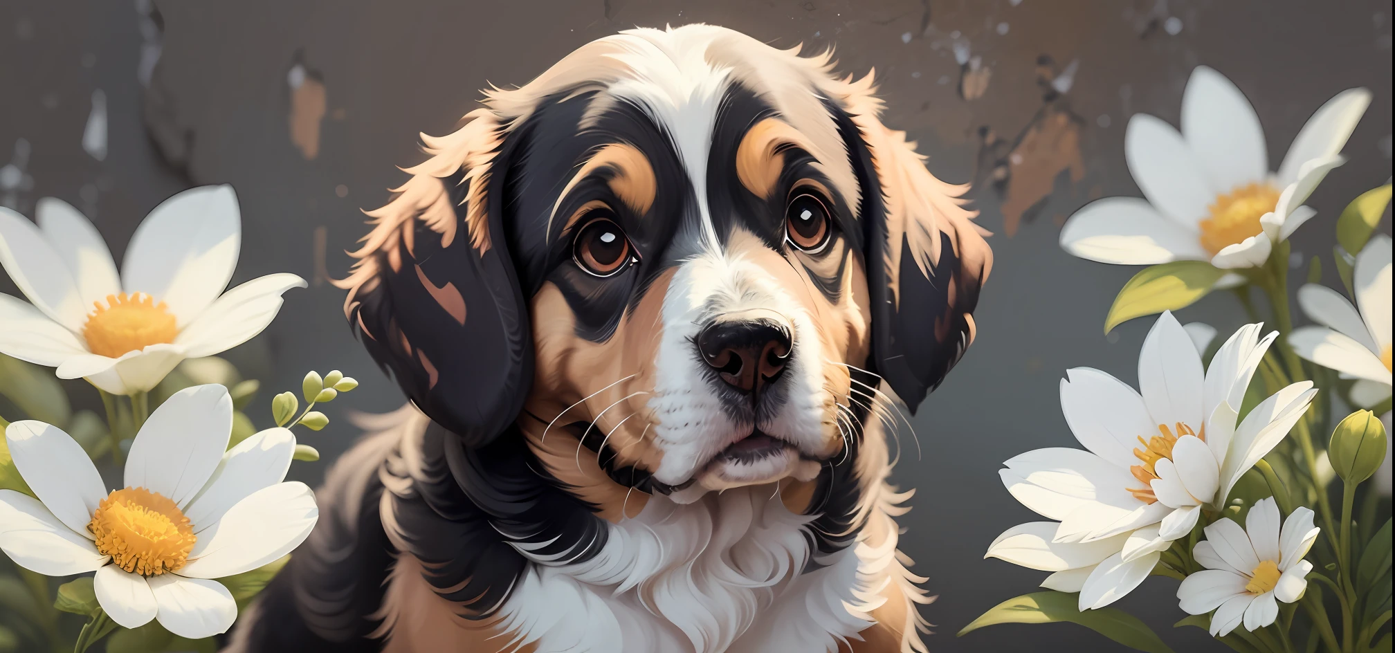 Basset dog, fofo, highres, pintura digital detalhada, cena com flores coloridas