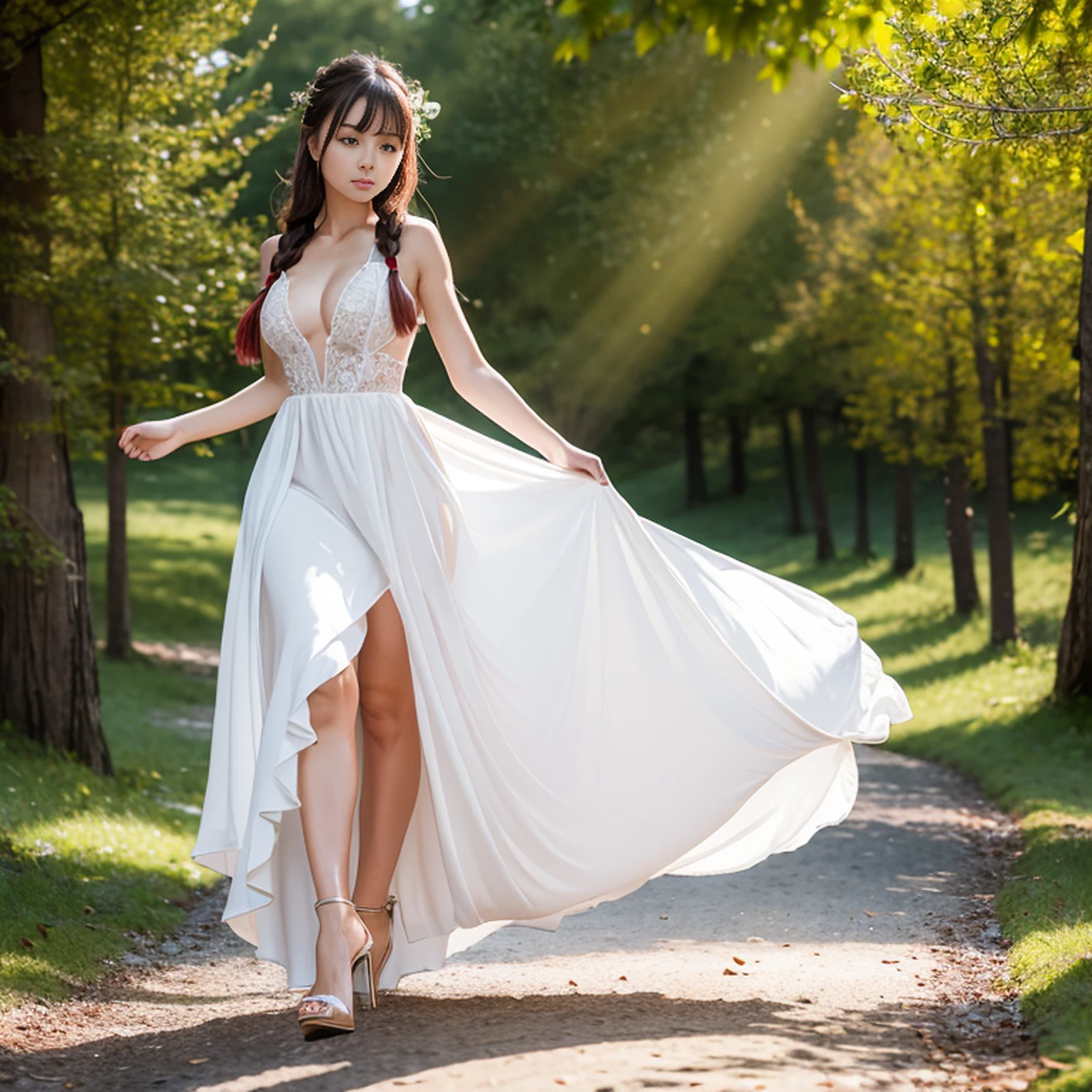A beautiful girl in a wedding dress walks in the forest posing for a photo,Head up,Neat one-word bangs,Ji Shi Fa,French braids, move chart, Atmospheric perspective, Cinematic lighting, tmasterpiece, Textured skin,Fine hair like silk,Every hair is clear,Red band,photo level,wide angles,entire body image,little breast,Smaller bust,flatchest,Seductive eyes,Glamorous temperament)Surrounded by red dragons,Wear gorgeous high heels,Red and white glitter royal dress,background of the castle of Europe,God Rays shines on the body