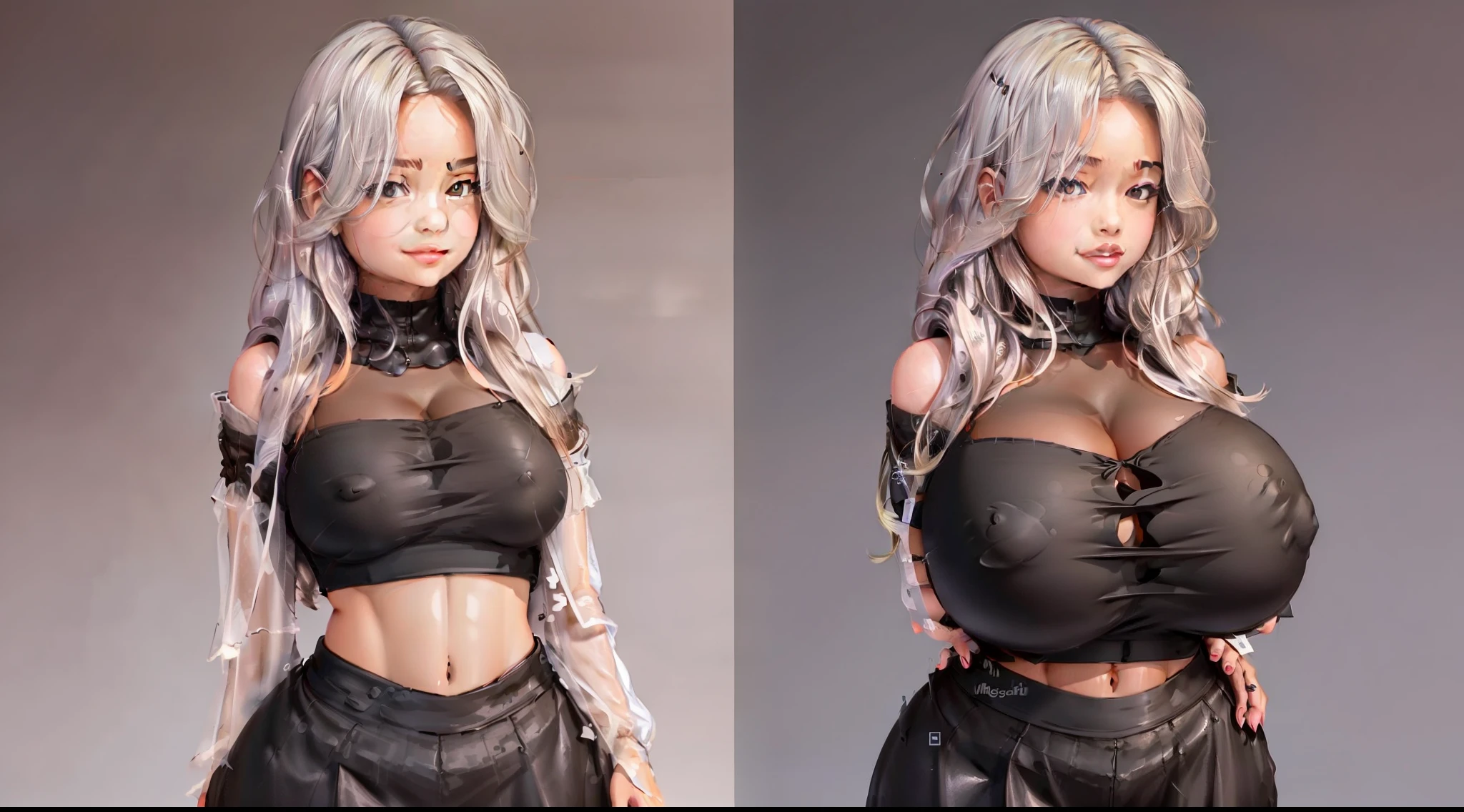 ((Masterpiece, highest quality)), detailed face, Full body, full of details, highly detailed, depth, 1girl, brown, ombre hair, black crop top, black skirt, smile, simple background, wide hips, gigantic breasts, breast expansion