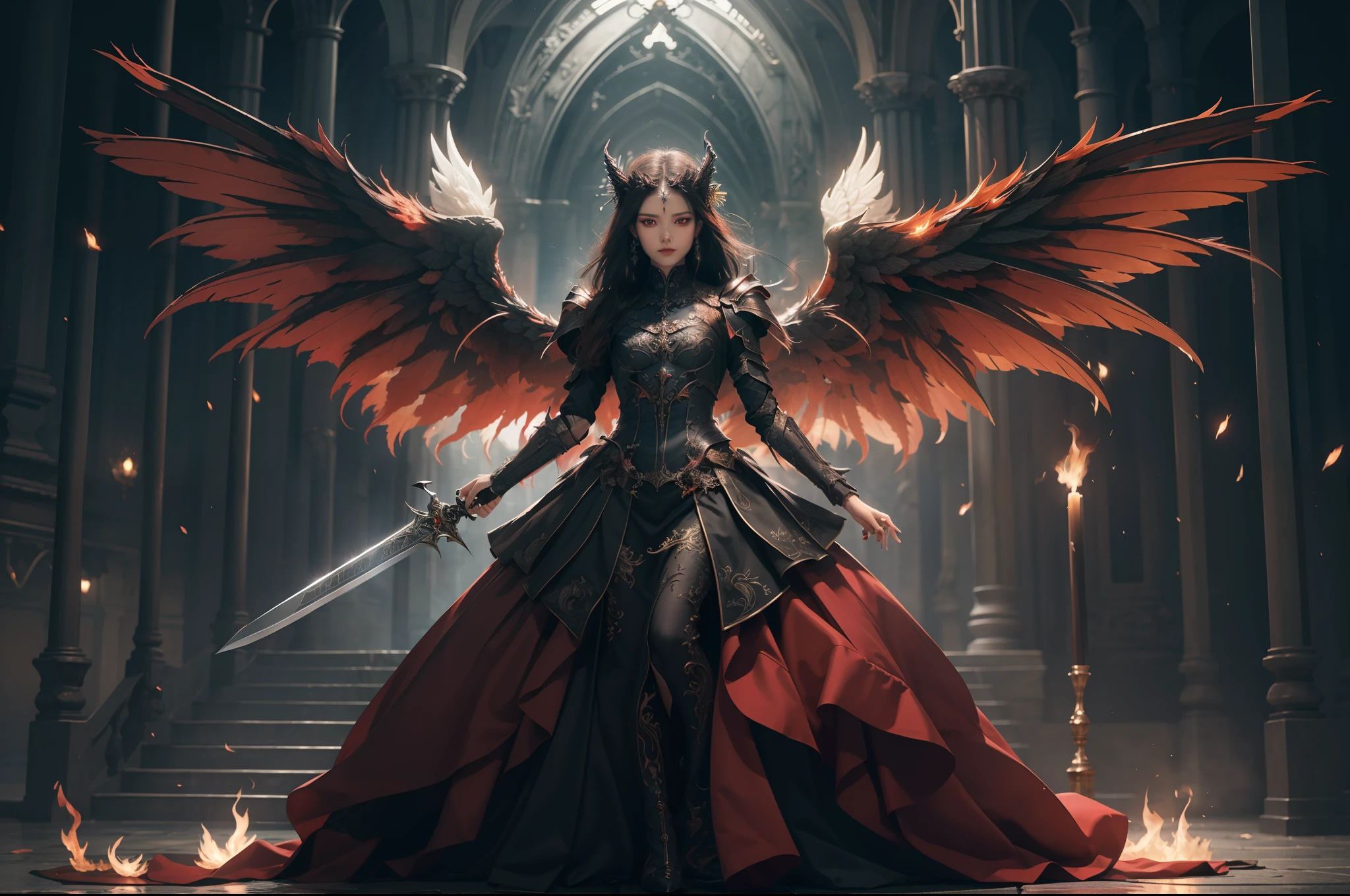 (extremely detailed CG unity 8k wallpaper,masterpiece, best quality, ultra-detailed, beautiful detailed eyes:1.2),best illumination, (best shadow, an extremely delicate and beautiful, bloom),
1girl,solo,red eyes,Heavy armor,long hair,holding sword,Angel wings,black wings,red jewelry,(big wings:1.4),Film filter,Satan, Hellfire,full body,demon,flame,