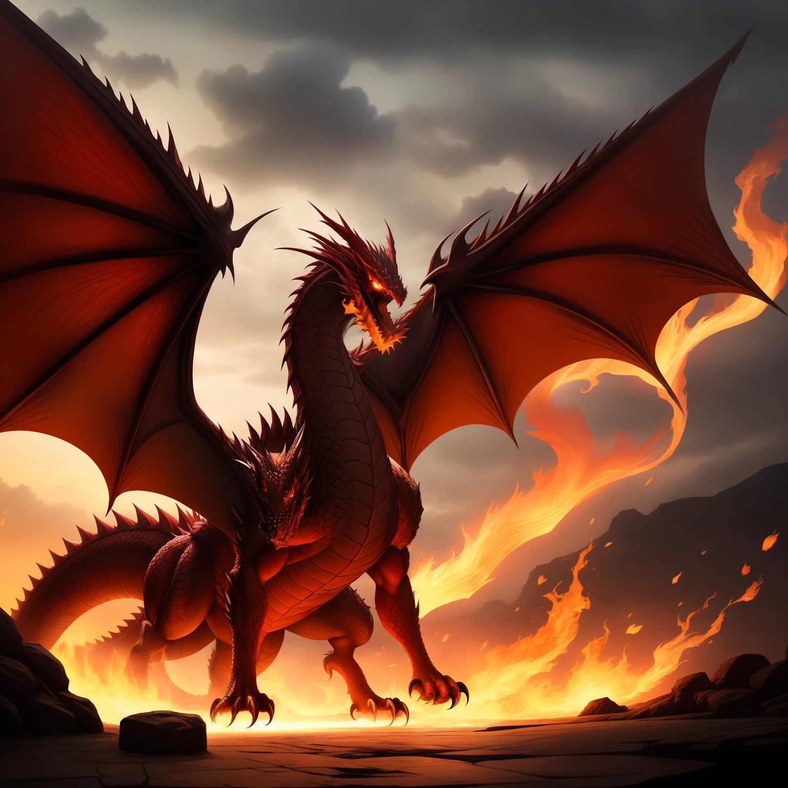 The red dragon is an imposing creature, whose muscular and powerful body is covered by scarlet scales. Cada escama brilha intensamente sob a luz do sol, refletindo um calor ardente que irradia de sua pele. His appearance is fierce and intimidating, making it clear that he is a formidable force to be reckoned with. His green eyes sparkle with a shrewd intelligence and a touch of malice. They are able to hypnotize those who dare to face them directly, conveying a sense of power and mystery. These green eyes reveal the dragon's ancestral wisdom, a consciousness that crosses centuries of history. Ao longo de sua espinha, fileiras de espinhos amarelos se destacam, creating a vivid contrast with the red color of their scales. These sharp thorns are not just a form of defense, but also an impressive display of his ferocity. When the dragon rises in all its glory, the thorns seem to glow like lightning, increasing the impact of your presence. The wings of the red dragon are powerful and membranous, allowing him to dominate the skies with agility and speed. Quando ele voa, The sound of the flapping of his wings is like the roar of distant thunder, anunciando sua chegada com grande impacto. The fire that dwells within the dragon is the embodiment of the power of nature. Its scarlet breath is able to turn the landscape into ashes and smoke, as its flames dance with a mesmerizing glow. He is a destructive and formidable force, but also a symbol of renewal and regeneration, ((Estilo wyvern)), (Modelo de dragão de Game of Thrones)), ((wiverne))
