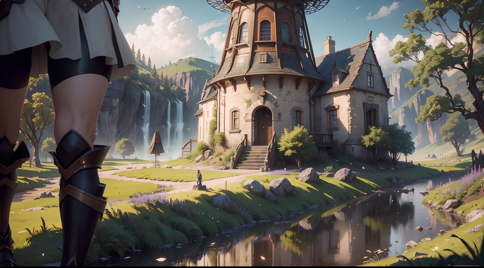 "(by Greg Rutkowski: 1.2), (ultra-detailed CG unity 8k wallpaper, masterpiece, best quality, depth of field, HDR, intricate), Enchanting windmill in a picturesque countryside, with vibrant colors and stunning details, sharp focus, cinematic lighting, peaceful environment, post-processing, (detailed environment)"