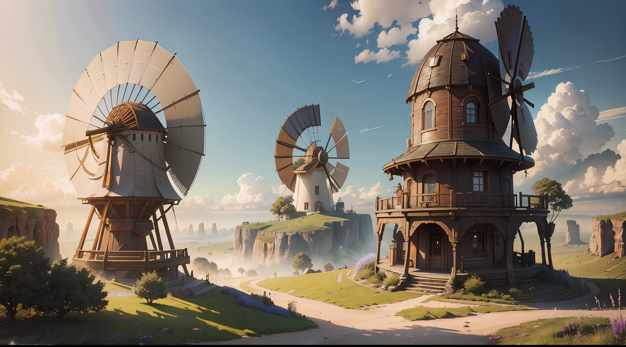 "(by Greg Rutkowski: 1.2), (ultra-detailed CG unity 8k wallpaper, masterpiece, best quality, depth of field, HDR, intricate), Enchanting windmill in a picturesque countryside, with vibrant colors and stunning details, sharp focus, cinematic lighting, peaceful environment, post-processing, (detailed environment)"