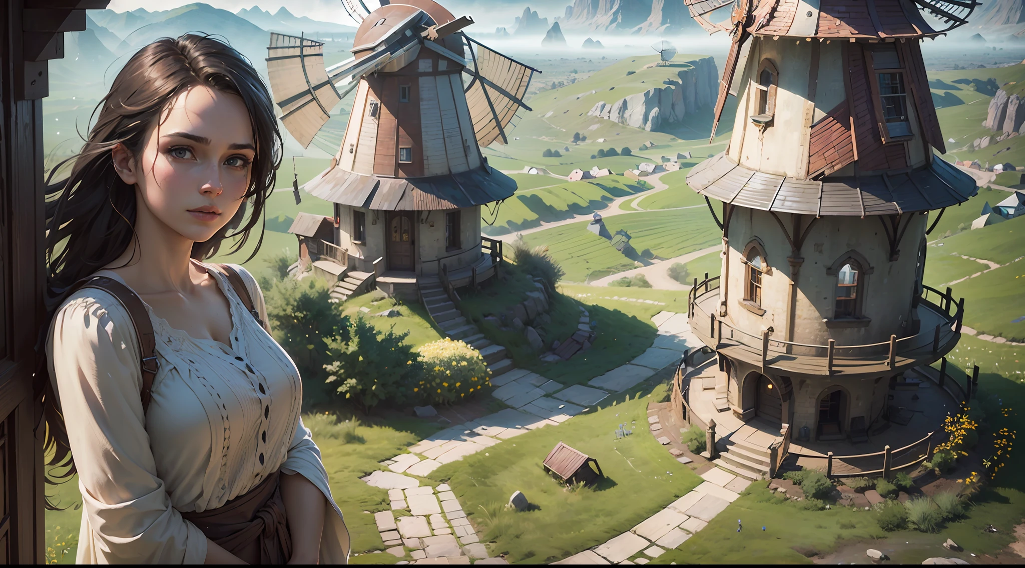 "(by Greg Rutkowski: 1.2), (ultra-detailed CG unity 8k wallpaper, masterpiece, best quality, depth of field, HDR, intricate), Enchanting windmill in a picturesque countryside, with vibrant colors and stunning details, sharp focus, cinematic lighting, peaceful environment, post-processing, (detailed environment)"